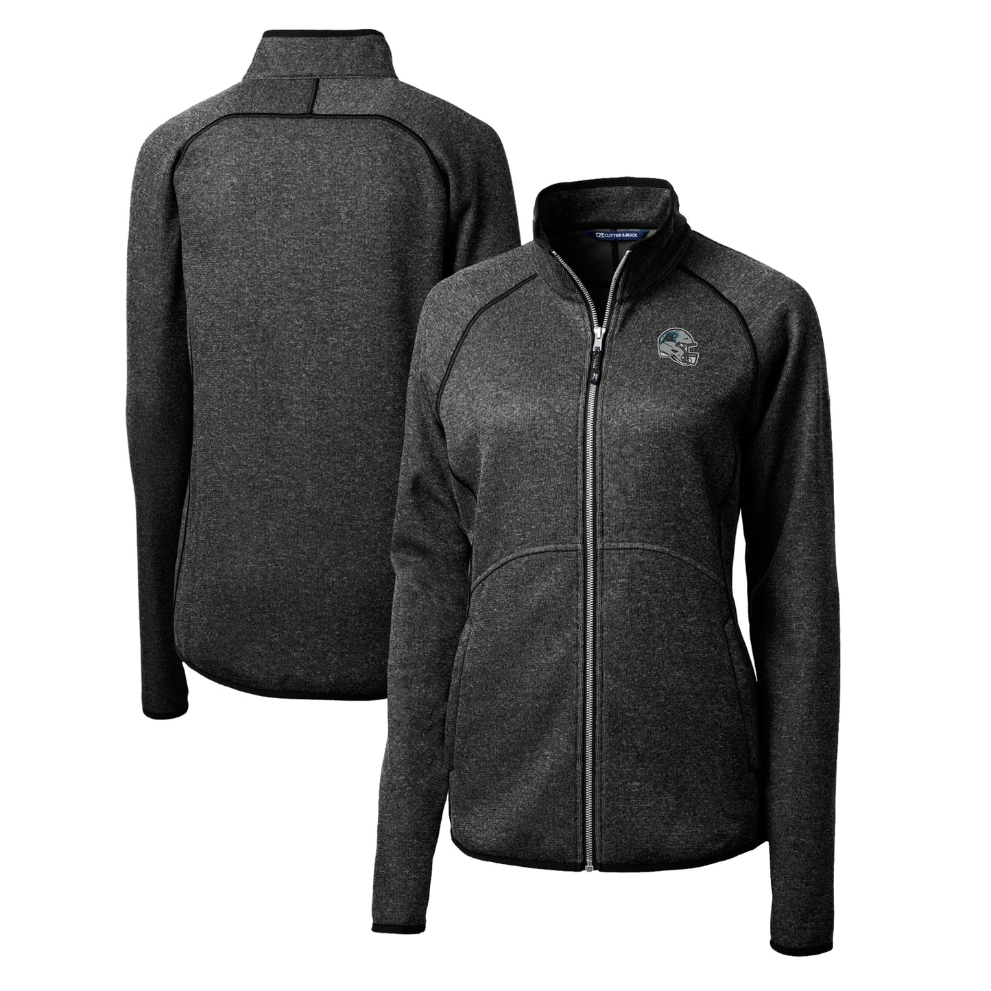 Women's Cutter & Buck Charcoal Carolina Panthers Helmet Logo Mainsail Sweater-Knit Full-Zip Jacket