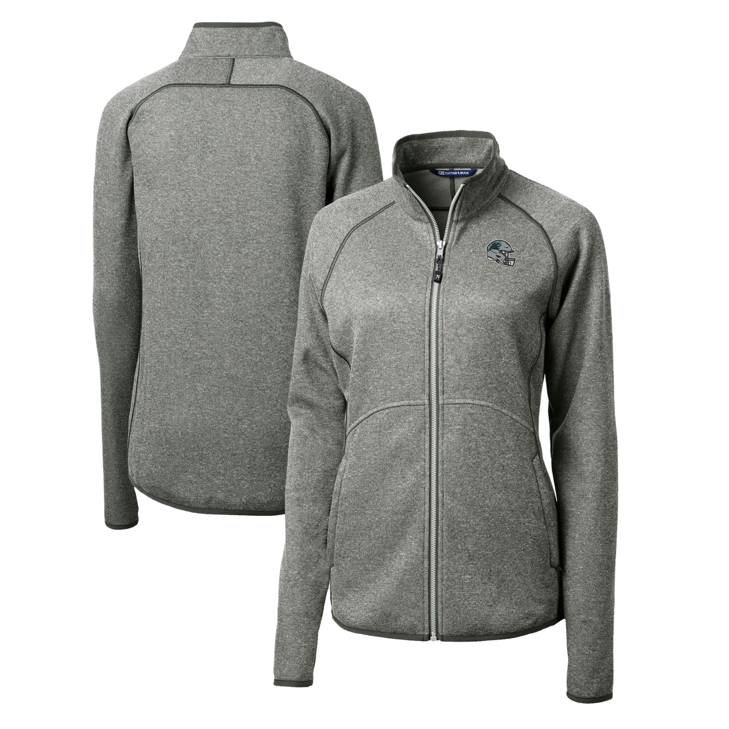 Women's Cutter & Buck Steel Carolina Panthers Helmet Logo Mainsail Sweater-Knit Full-Zip Jacket