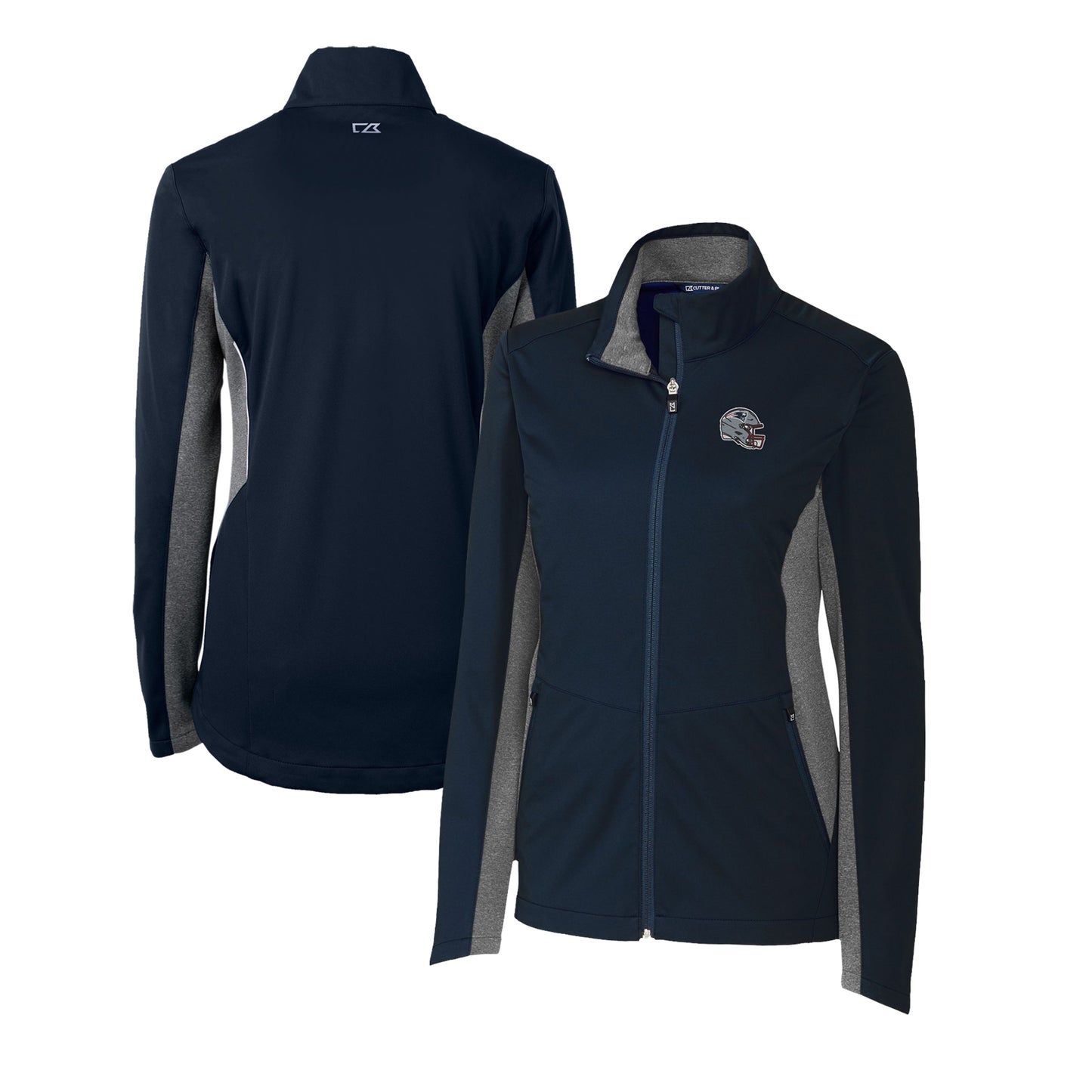 Women's Cutter & Buck Navy New England Patriots Helmet Logo Navigate Softshell Full-Zip Jacket