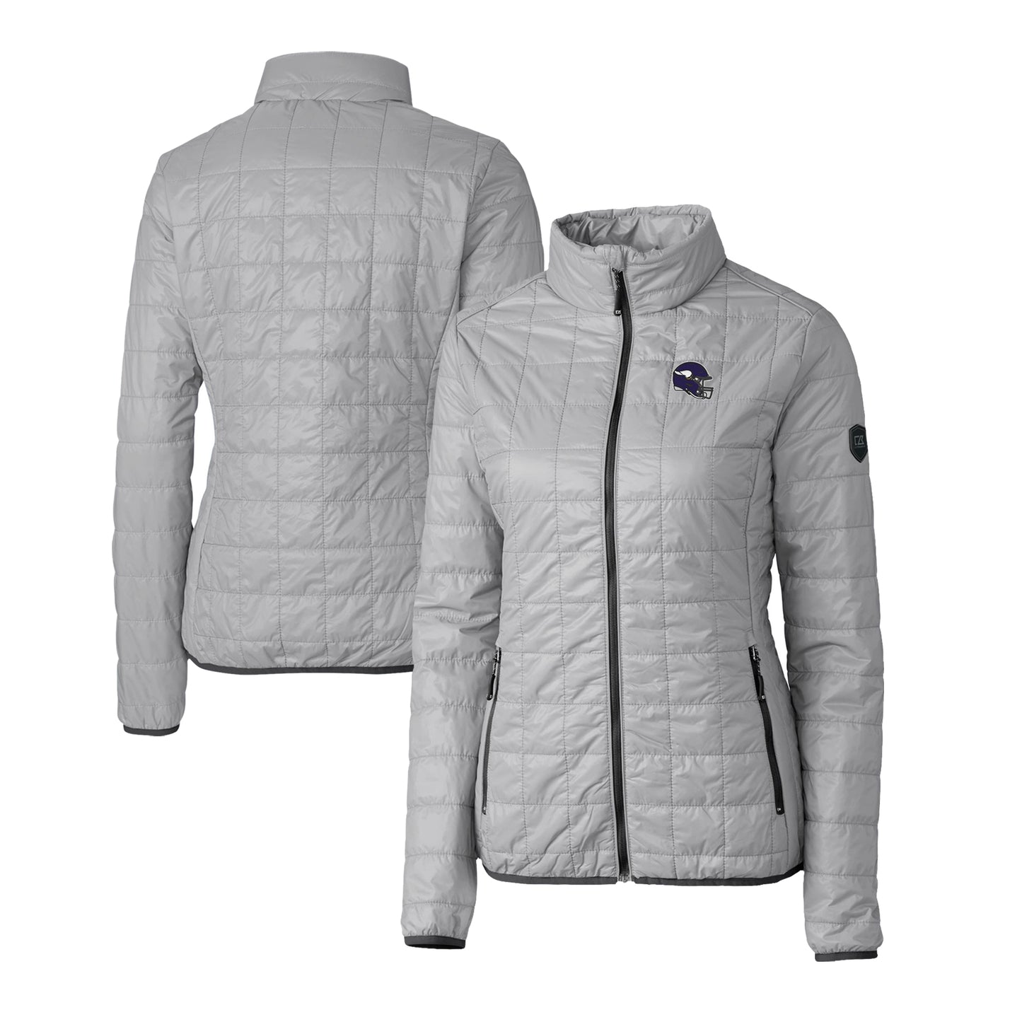Women's Cutter & Buck Gray Minnesota Vikings Helmet Logo Rainier PrimaLoft Eco Insulated Full-Zip Puffer Jacket