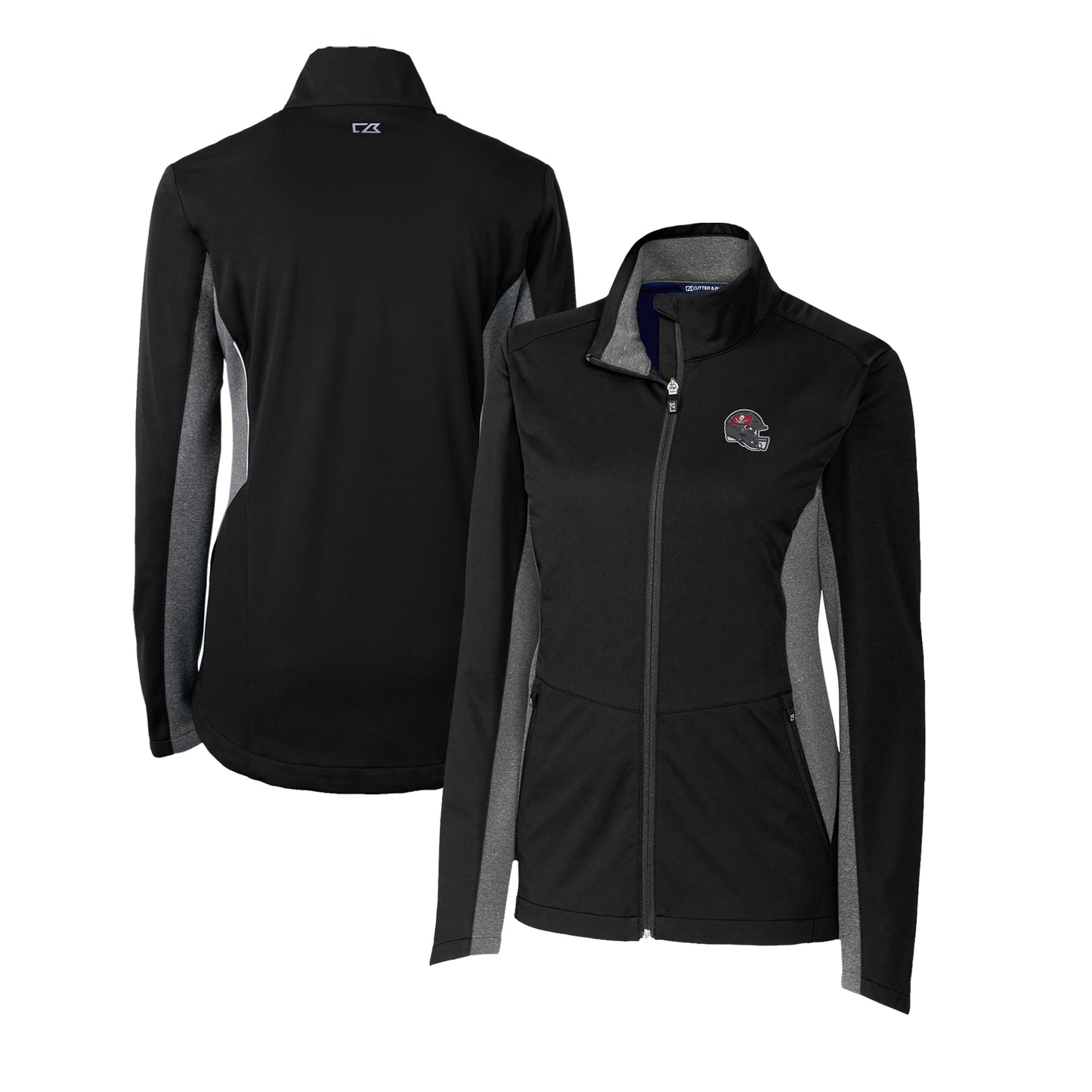 Women's Cutter & Buck Black Tampa Bay Buccaneers Helmet Logo Navigate Softshell Full-Zip Jacket