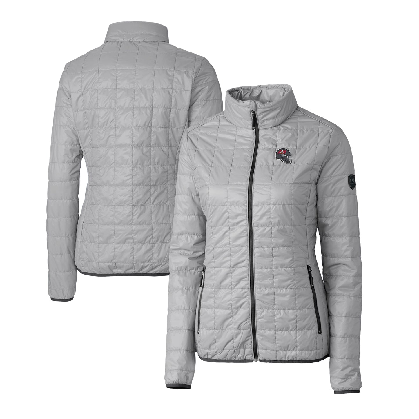 Women's Cutter & Buck Gray Tampa Bay Buccaneers Helmet Logo Rainier PrimaLoft Eco Insulated Full-Zip Puffer Jacket