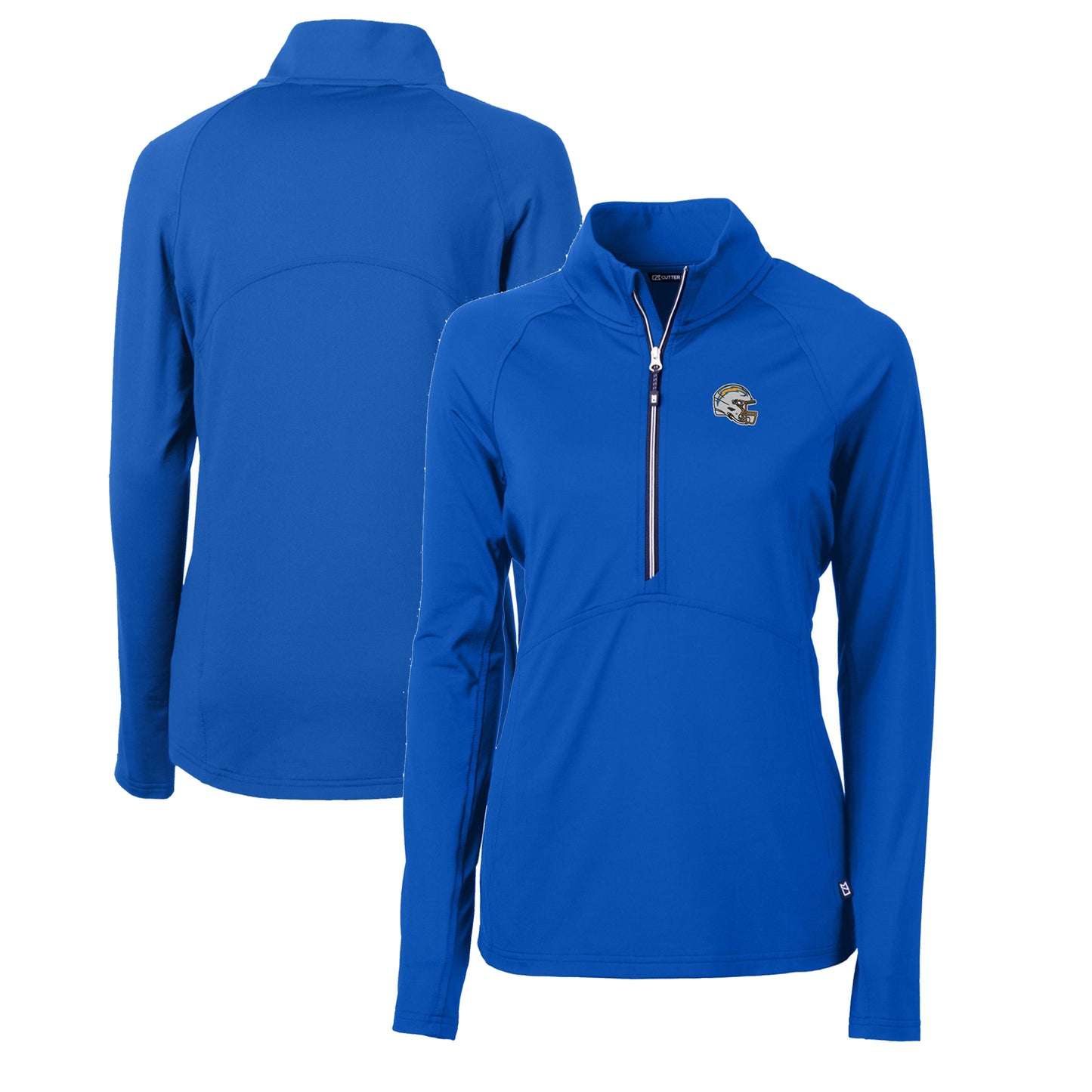 Women's Cutter & Buck Royal Los Angeles Chargers Helmet Logo Adapt Eco Knit Stretch Recycled Half-Zip Pullover Top