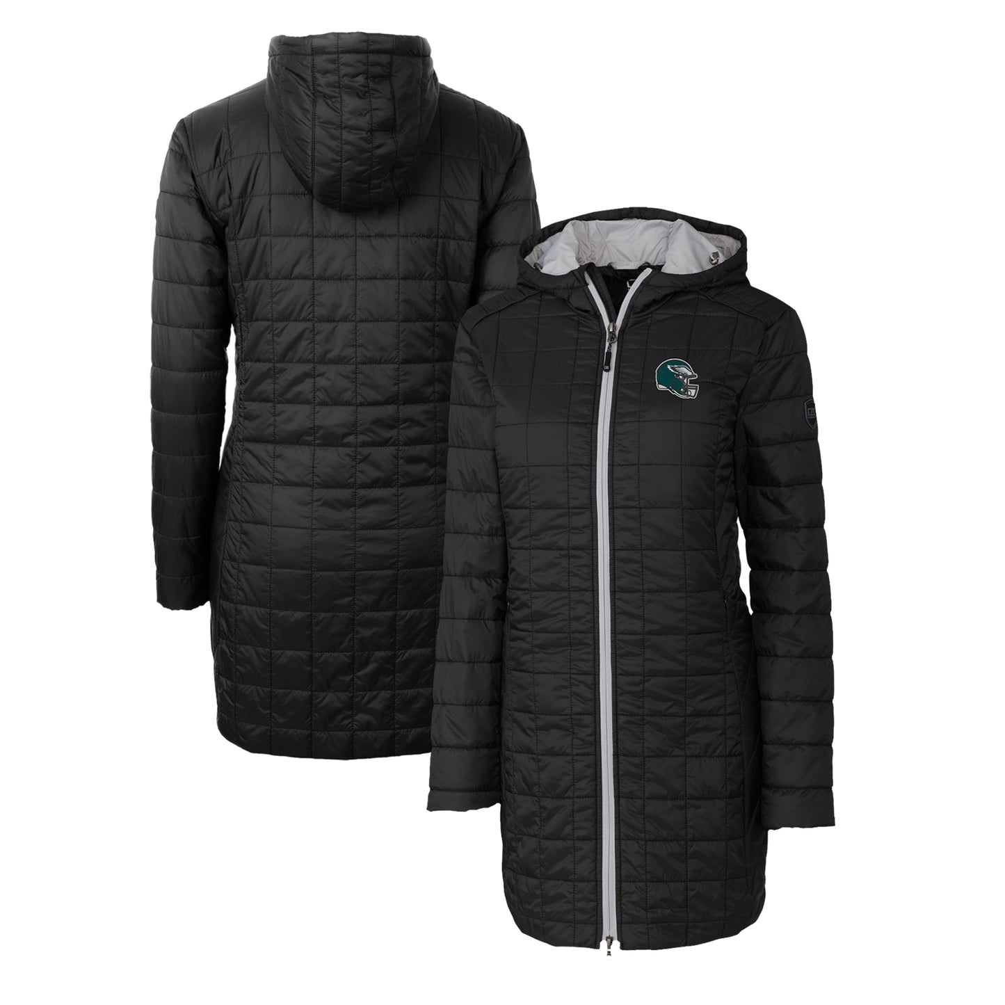 Women's Cutter & Buck Black Philadelphia Eagles Helmet Logo Rainier Primaloft Eco Insulated Hooded Long Coat
