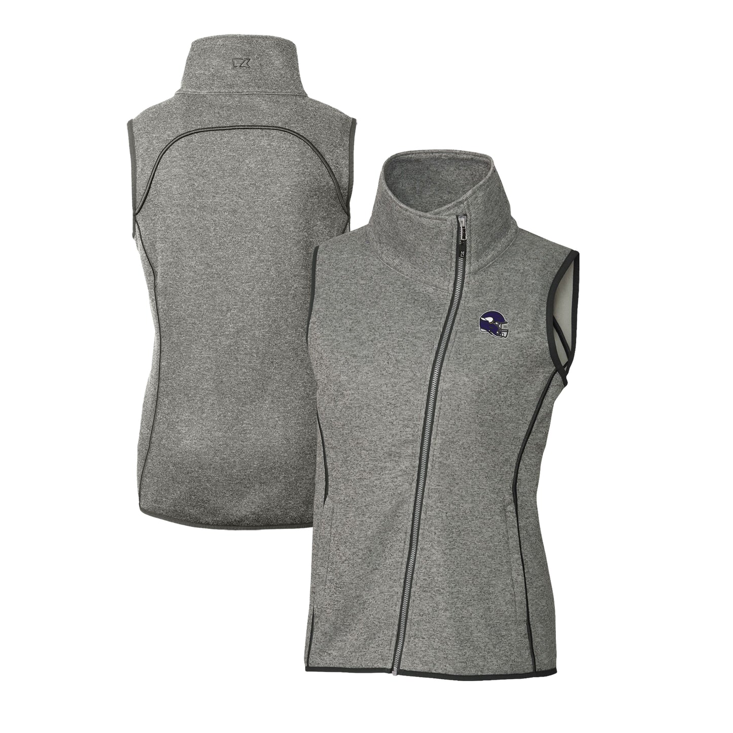Women's Cutter & Buck Heather Gray Minnesota Vikings Helmet Logo Mainsail Sweater-Knit Full-Zip Asymmetrical Vest