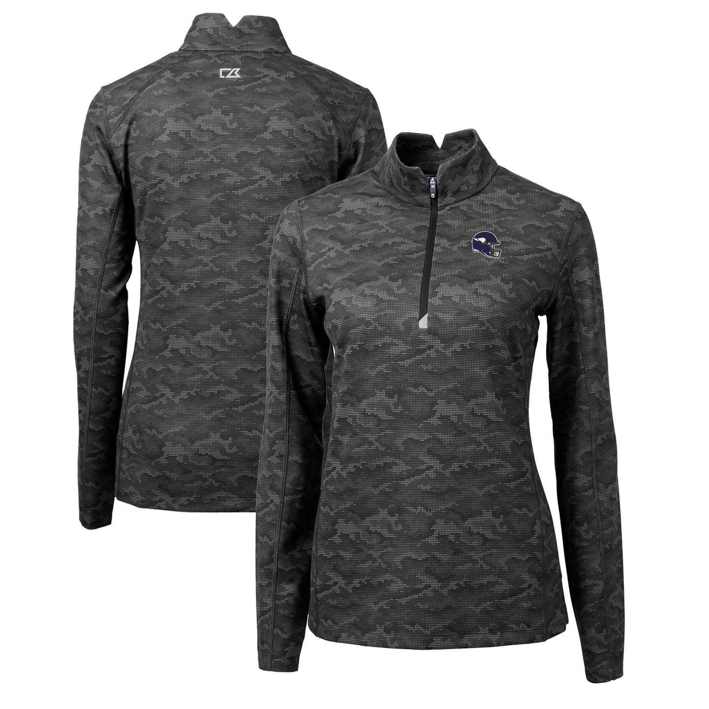 Women's Cutter & Buck Black Minnesota Vikings Helmet Logo Traverse Camo Print Stretch Quarter-Zip Pullover Top