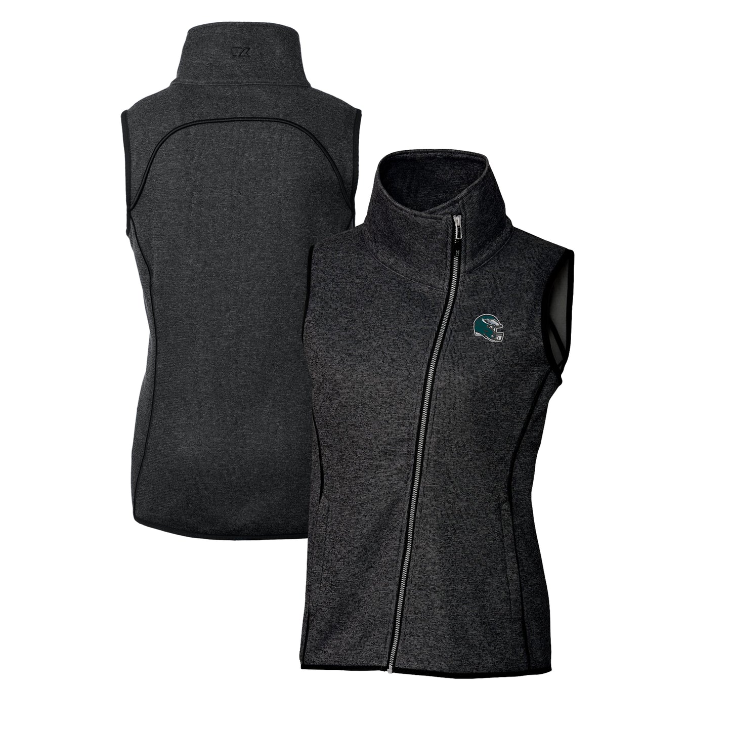 Women's Cutter & Buck Heather Charcoal Philadelphia Eagles Helmet Logo Mainsail Sweater-Knit Full-Zip Asymmetrical Vest