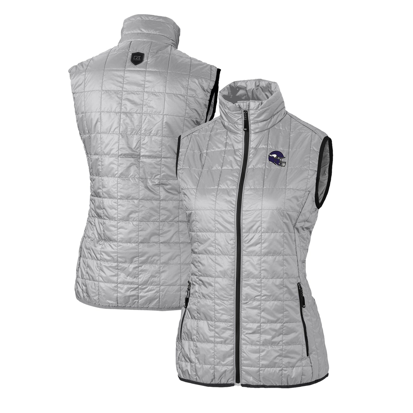 Women's Cutter & Buck Silver Minnesota Vikings Helmet Logo Rainier PrimaLoft Eco Insulated Full-Zip Puffer Vest