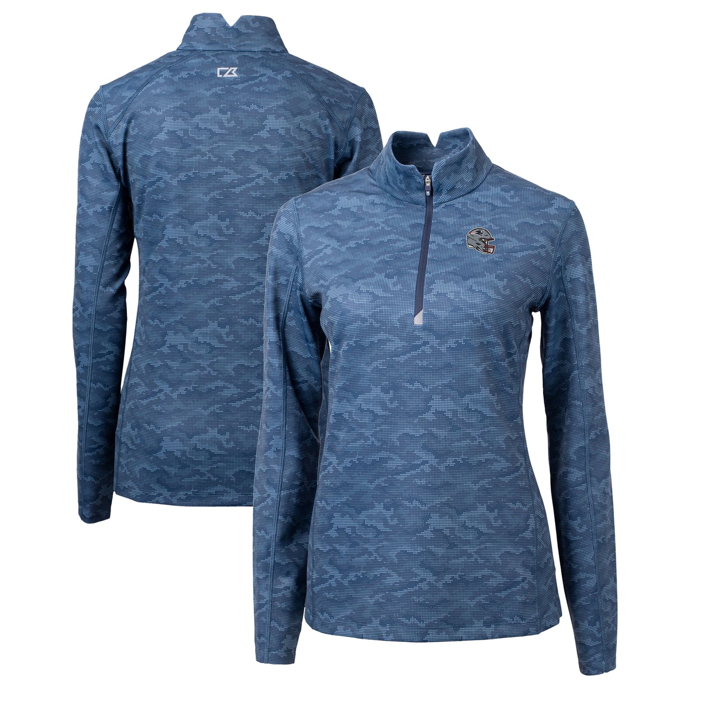 Women's Cutter & Buck Navy New England Patriots Helmet Logo Traverse Camo Print Stretch Quarter-Zip Pullover Top