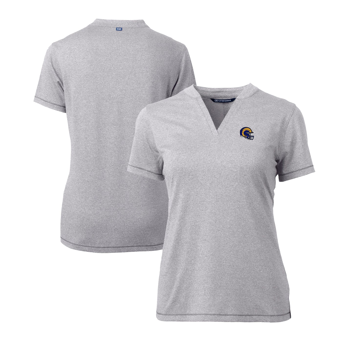 Women's Cutter & Buck Heather Gray Los Angeles Rams Helmet Logo DryTec Forge Stretch V-Neck Blade Top
