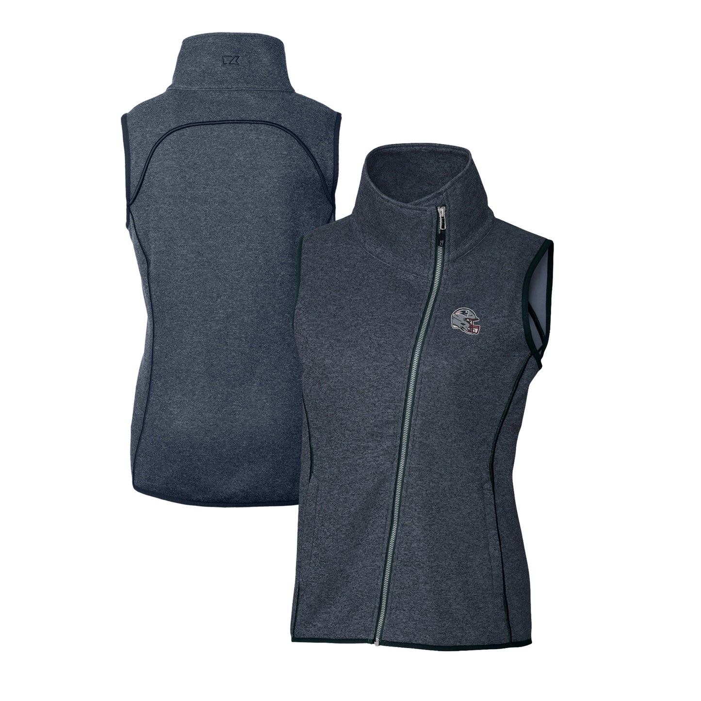 Women's Cutter & Buck Heather Navy New England Patriots Helmet Logo Mainsail Sweater-Knit Full-Zip Asymmetrical Vest