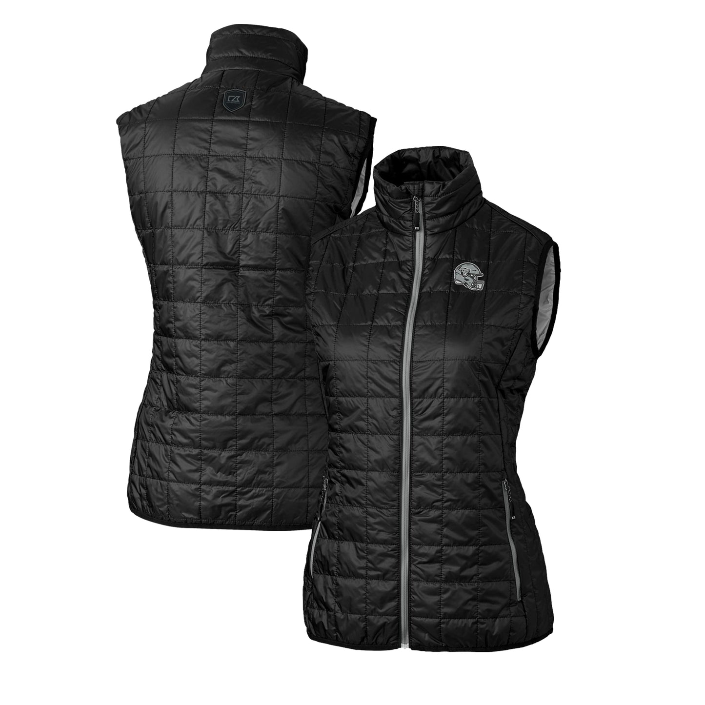 Women's Cutter & Buck Black Las Vegas Raiders Helmet Logo Rainier PrimaLoft Eco Insulated Full-Zip Puffer Vest