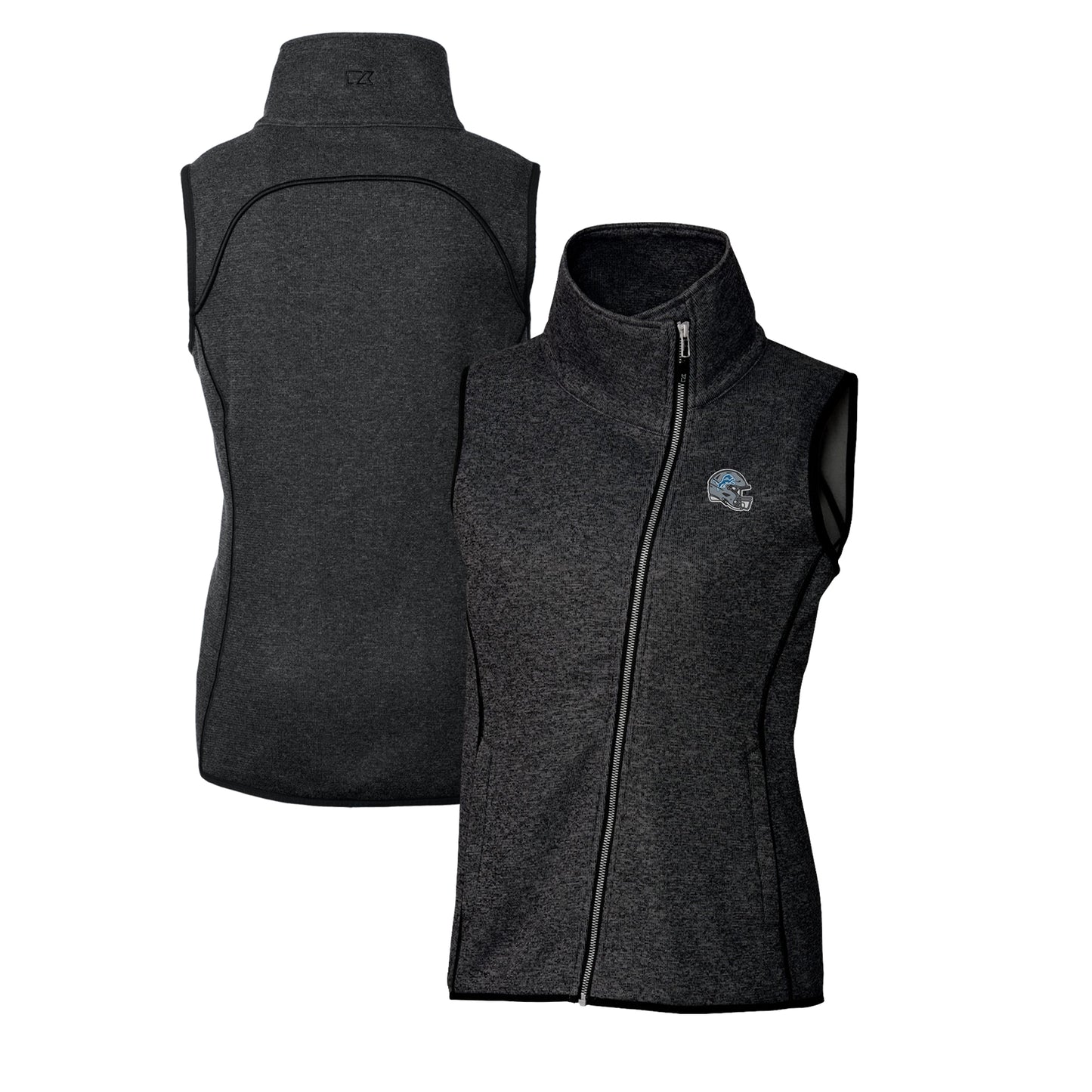 Women's Cutter & Buck Heather Charcoal Detroit Lions Helmet Logo Mainsail Sweater-Knit Full-Zip Asymmetrical Vest