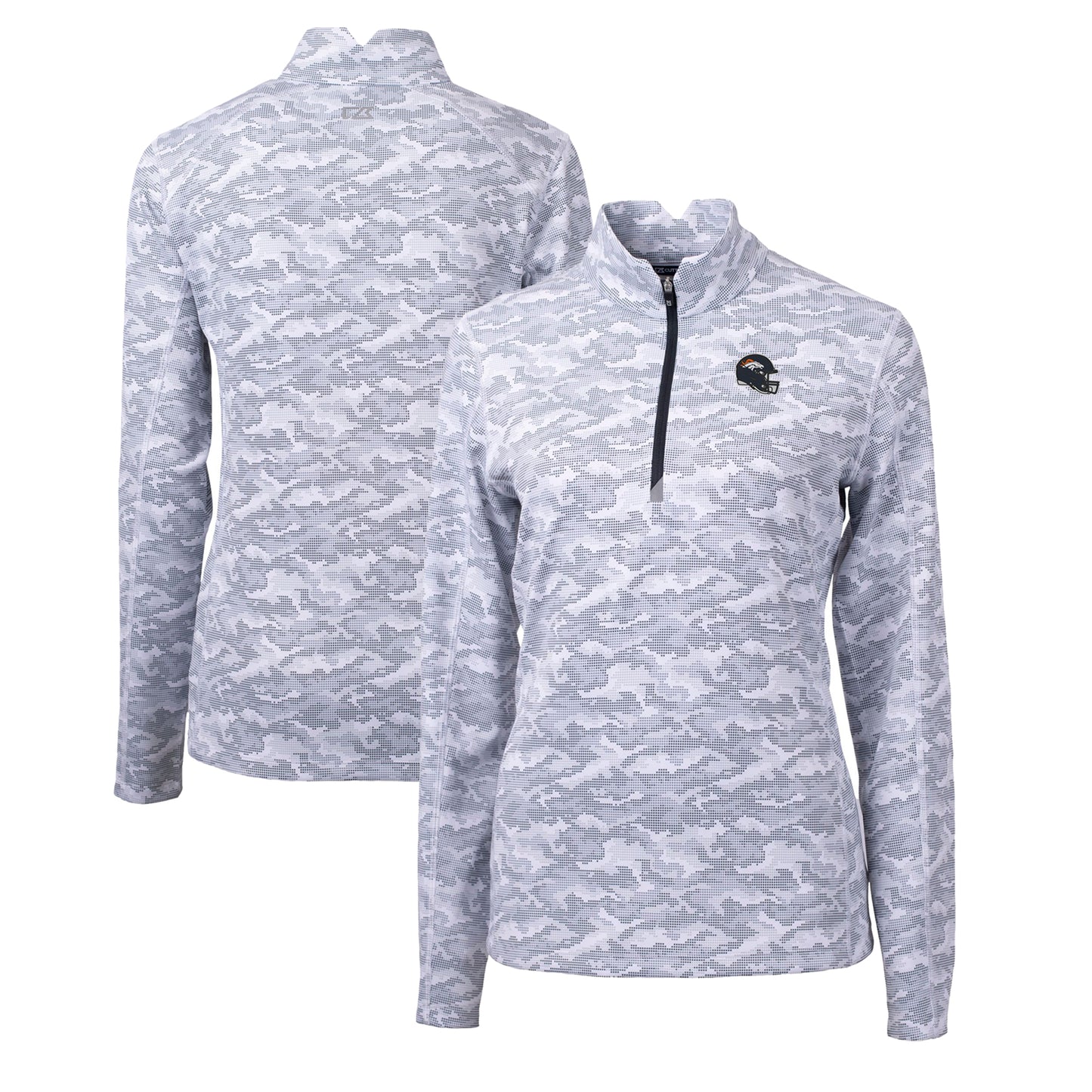 Women's Cutter & Buck Charcoal Denver Broncos Helmet Logo Traverse Camo Print Stretch Quarter-Zip Pullover Top