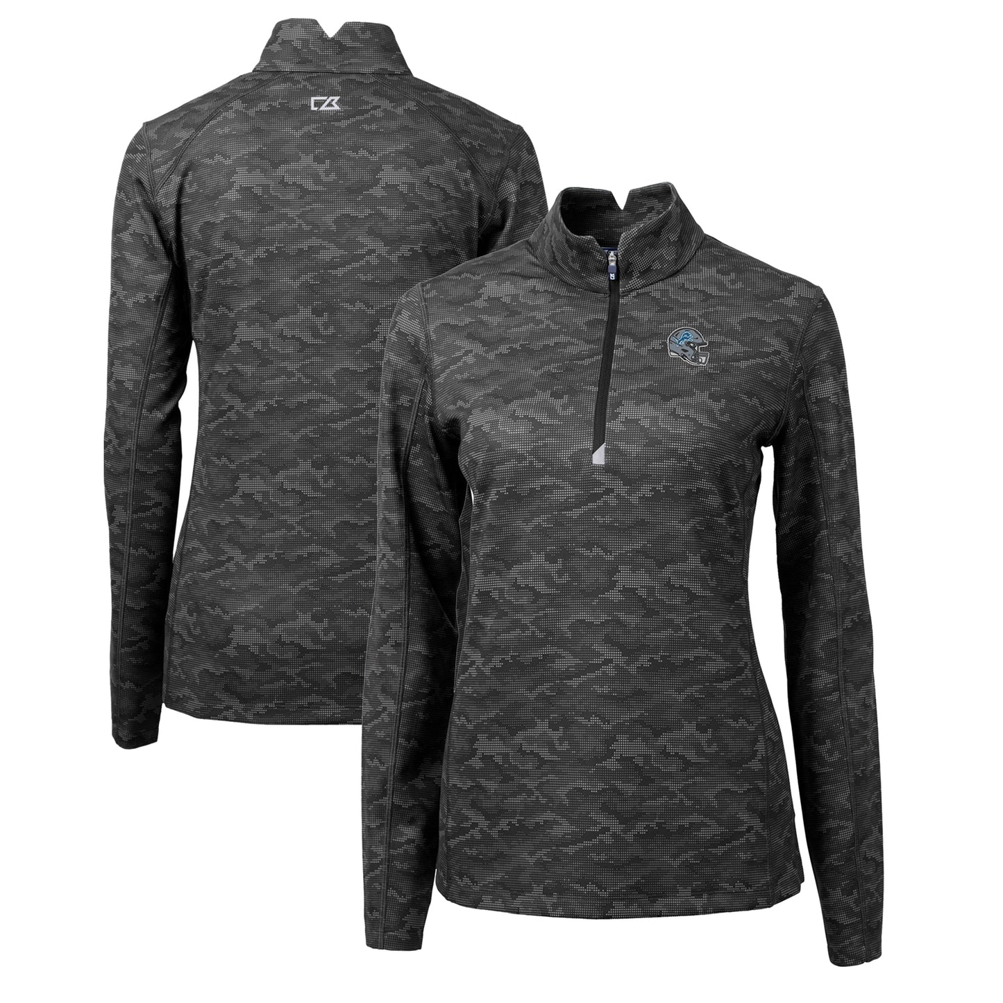 Women's Cutter & Buck Black Detroit Lions Helmet Logo Traverse Camo Print Stretch Quarter-Zip Pullover Top