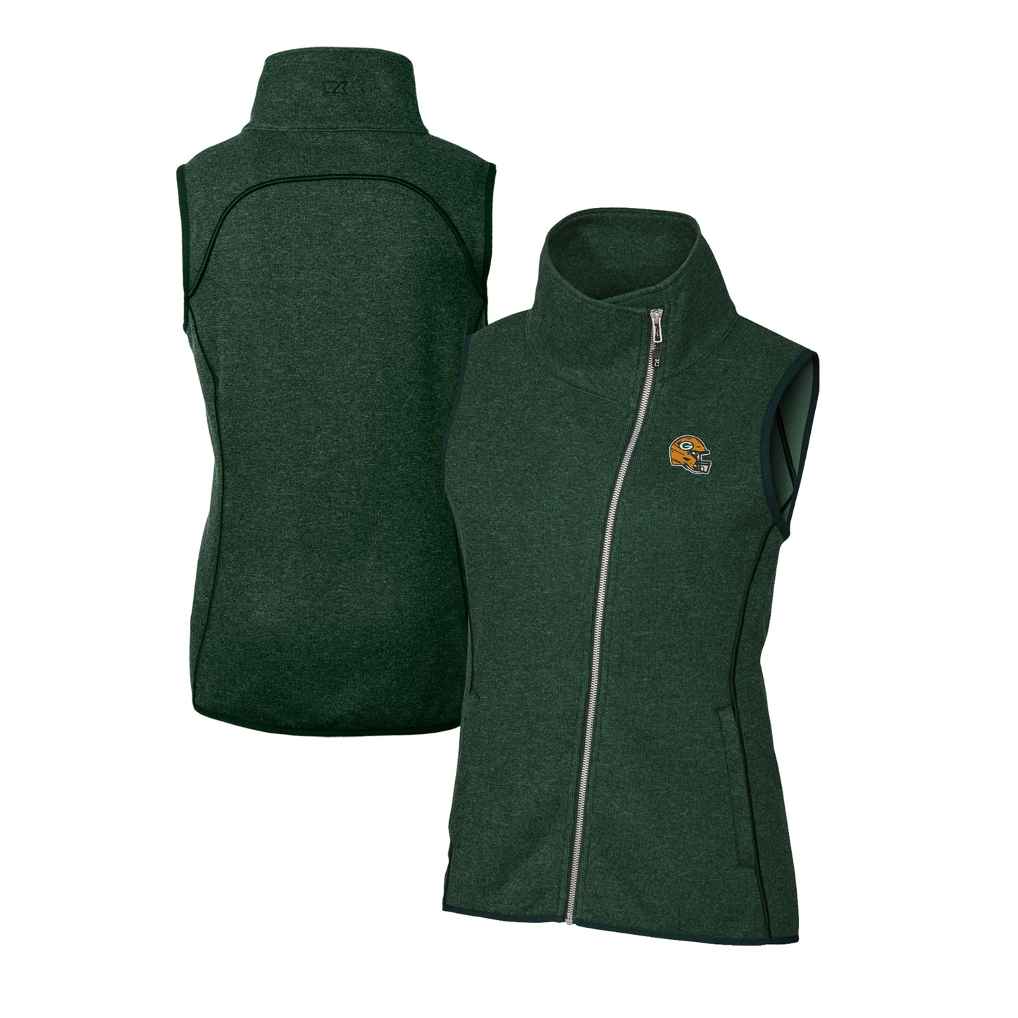Women's Cutter & Buck Heather Green Green Bay Packers Helmet Logo Mainsail Sweater-Knit Full-Zip Asymmetrical Vest