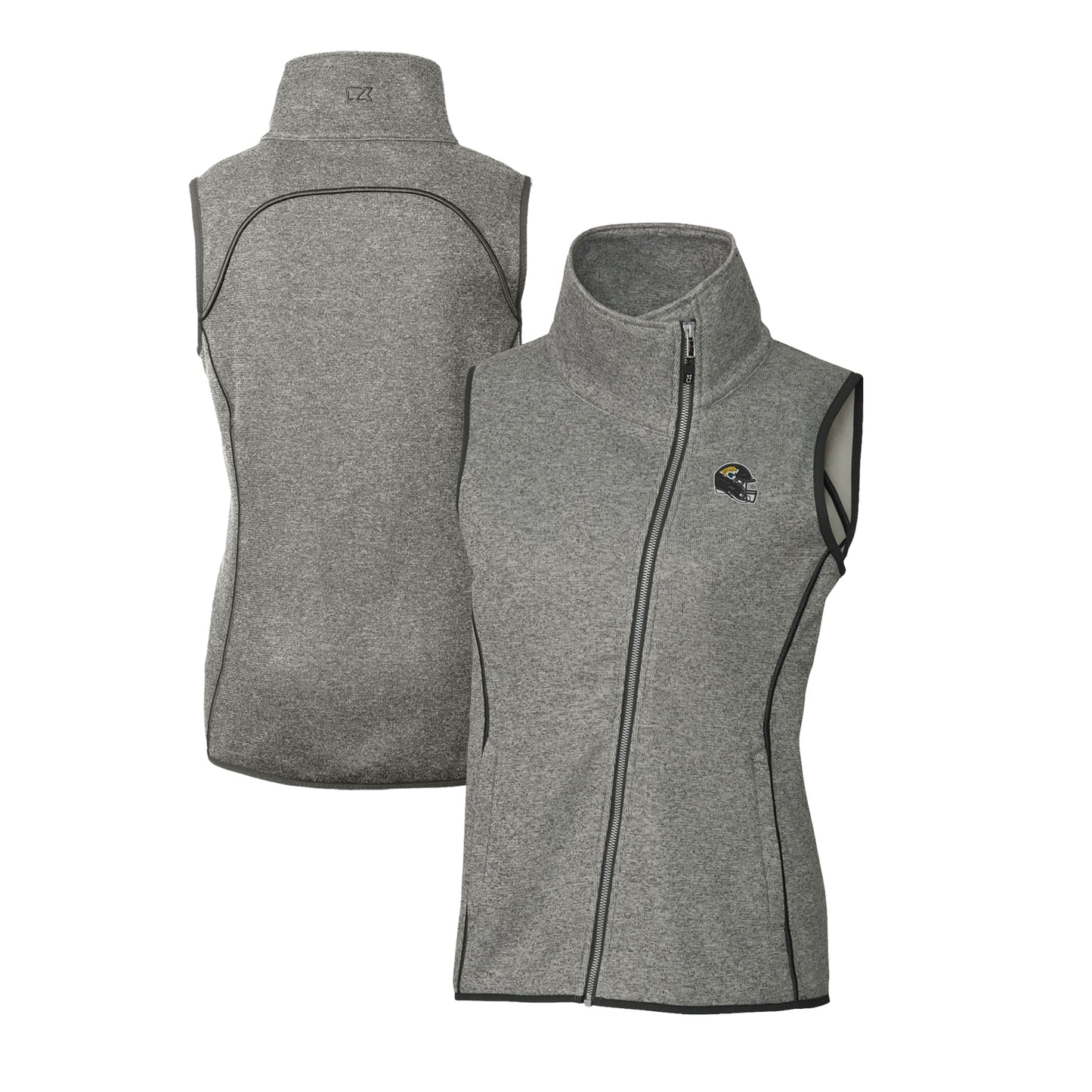 Women's Cutter & Buck Heather Gray Jacksonville Jaguars Helmet Logo Mainsail Sweater-Knit Full-Zip Asymmetrical Vest