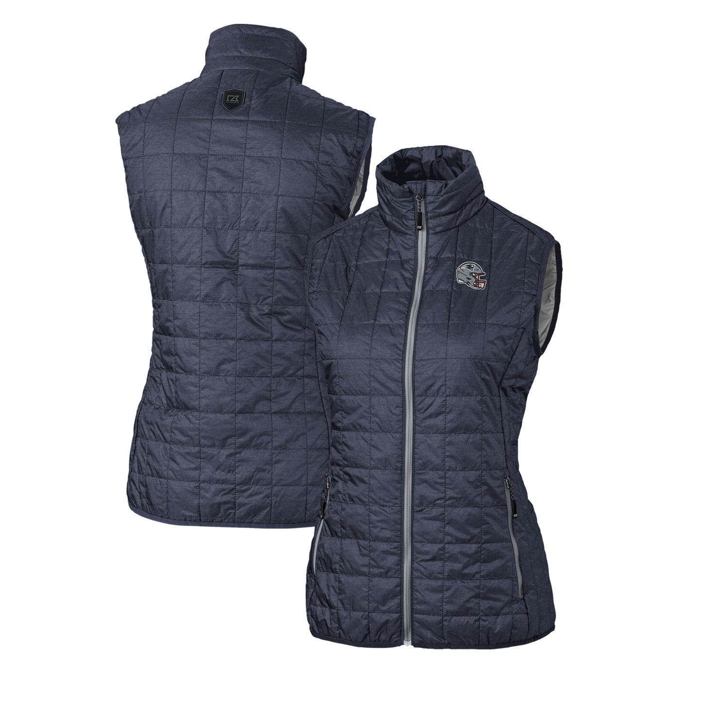 Women's Cutter & Buck Heather Navy New England Patriots Helmet Logo Rainier PrimaLoft Eco Insulated Full-Zip Puffer Vest