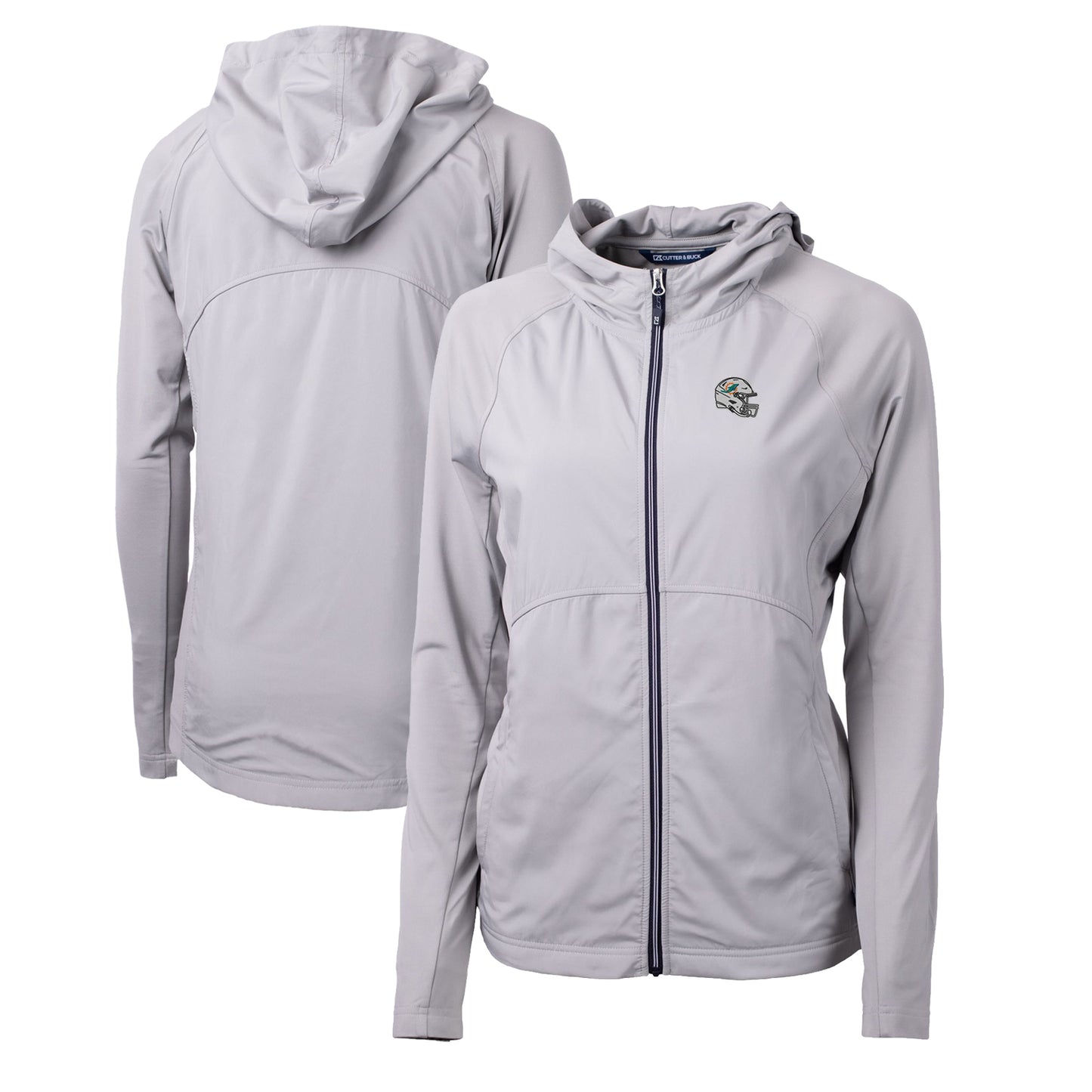 Women's Cutter & Buck Heather Gray Miami Dolphins Helmet Logo Adapt Eco Knit Hybrid Recycled Full-Zip Hoodie