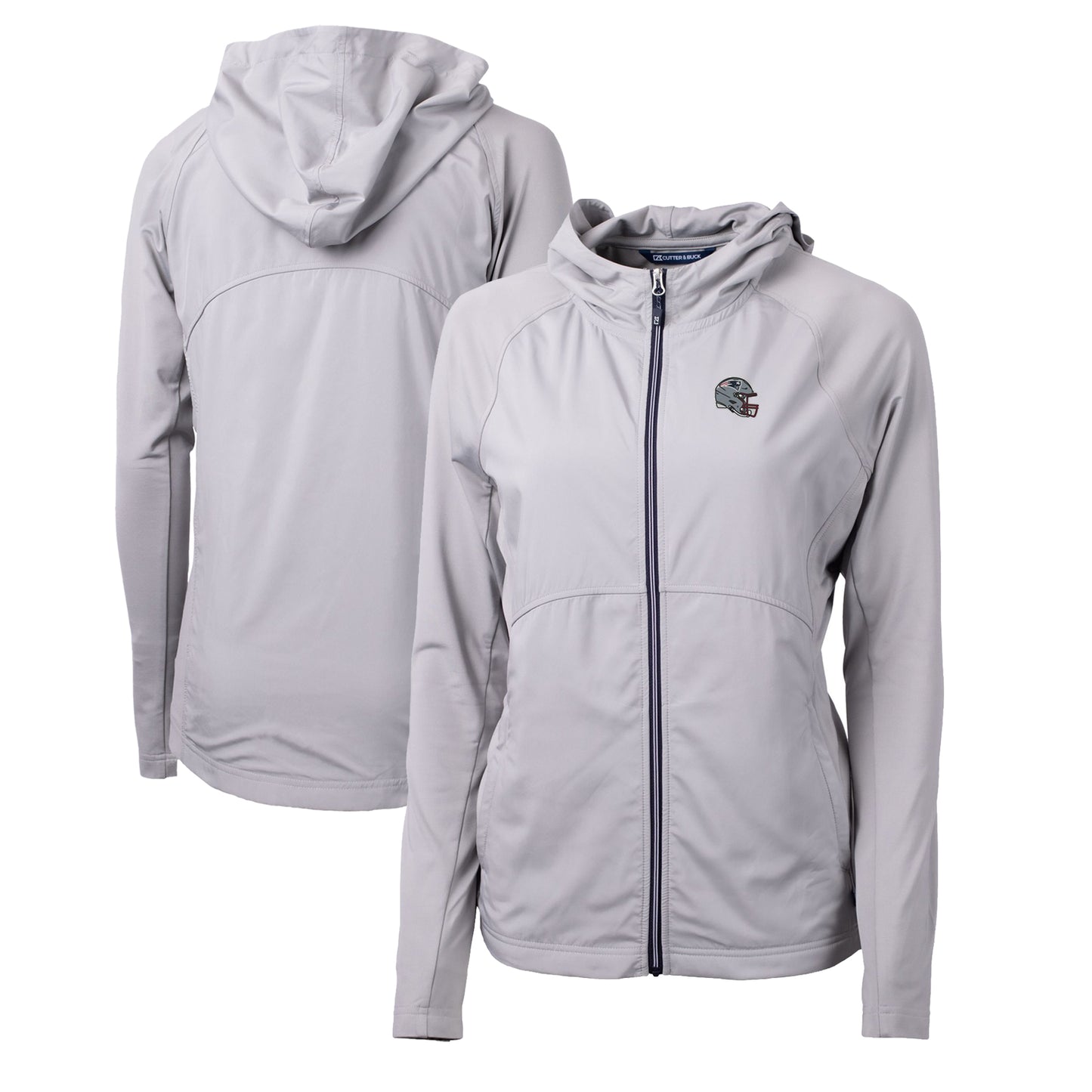 Women's Cutter & Buck Heather Gray New England Patriots Helmet Logo Adapt Eco Knit Hybrid Recycled Full-Zip Hoodie
