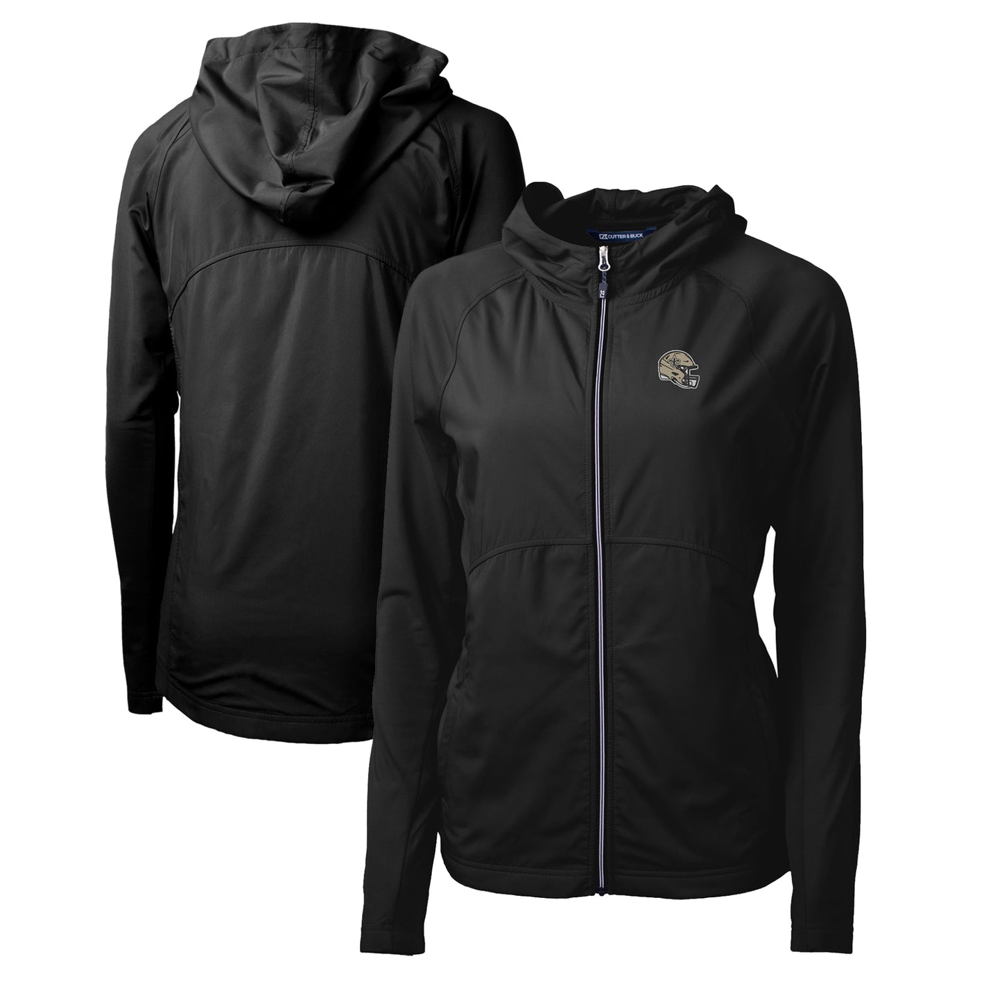 Women's Cutter & Buck Black New Orleans Saints Helmet Logo Adapt Eco Knit Hybrid Recycled Full-Zip Hoodie