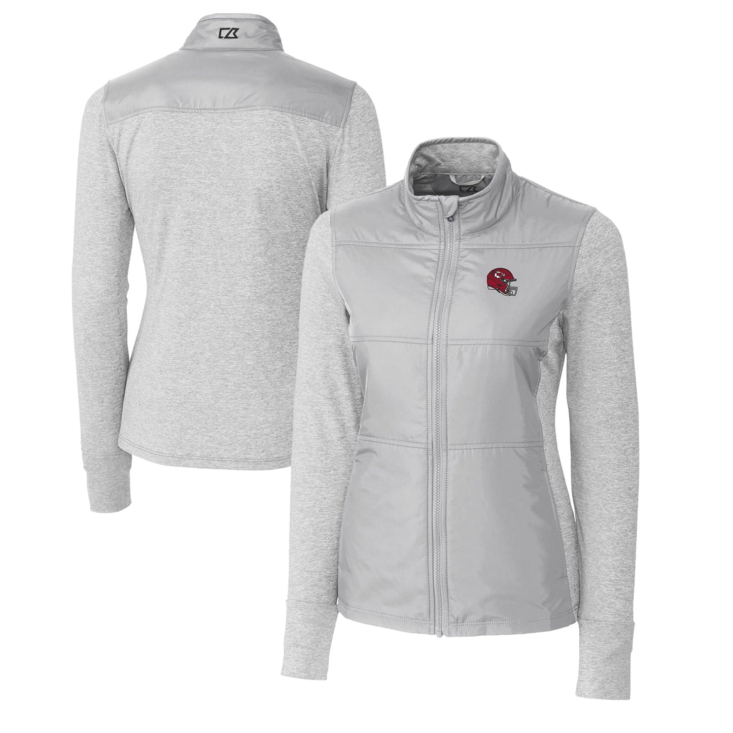 Women's Cutter & Buck Heather Gray Kansas City Chiefs Helmet Logo DryTec Stealth Hybrid Quilted Full-Zip Windbreaker Jacket