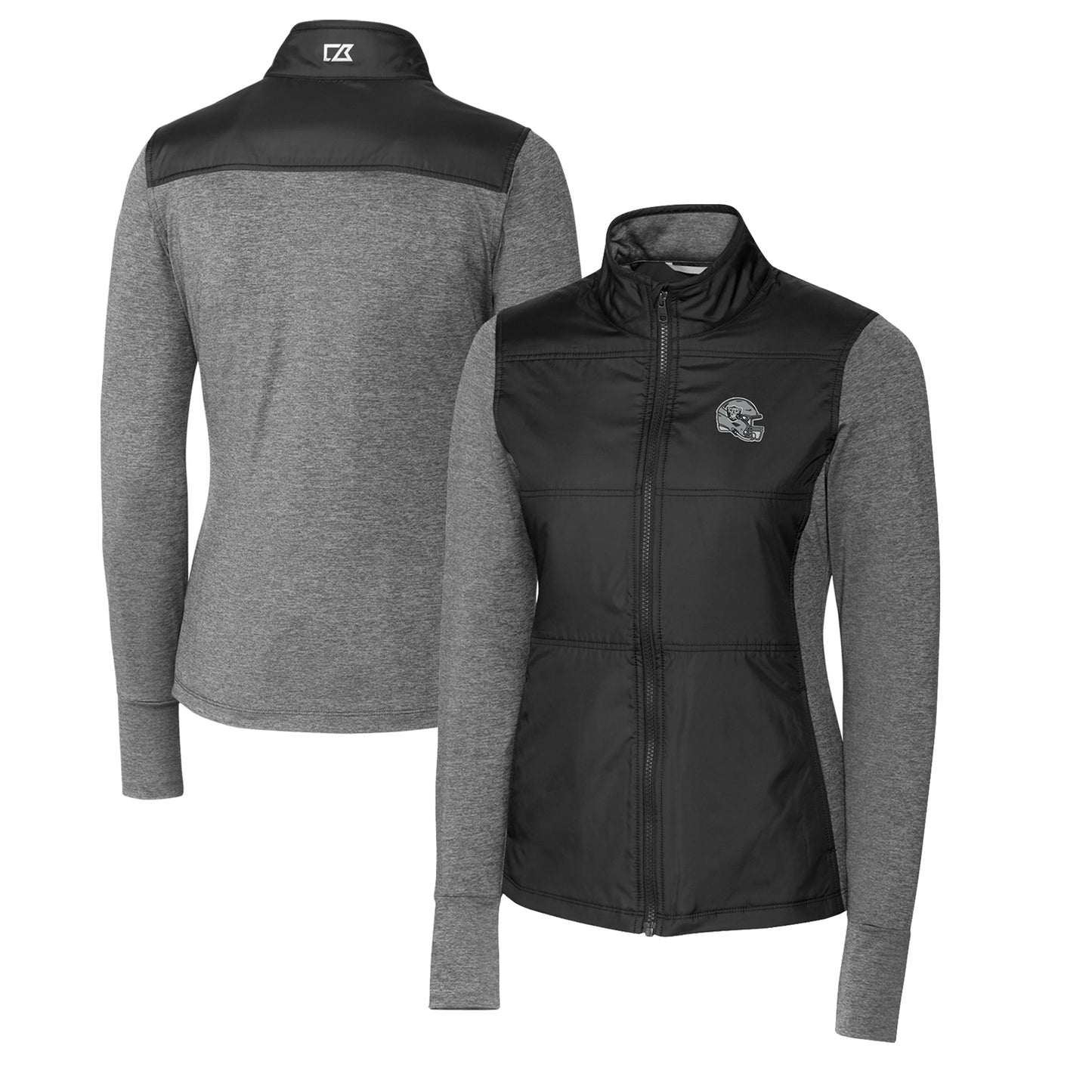 Women's Cutter & Buck Black Las Vegas Raiders Helmet Logo DryTec Stealth Hybrid Quilted Full-Zip Windbreaker Jacket