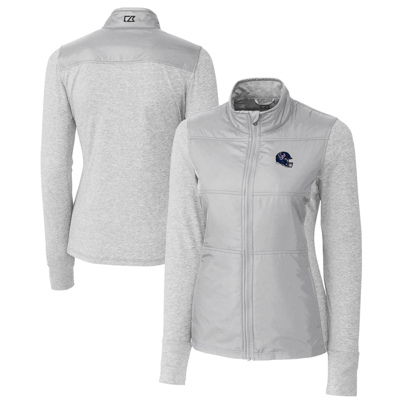 Women's Cutter & Buck Heather Gray Houston Texans Helmet Logo DryTec Stealth Hybrid Quilted Full-Zip Windbreaker Jacket