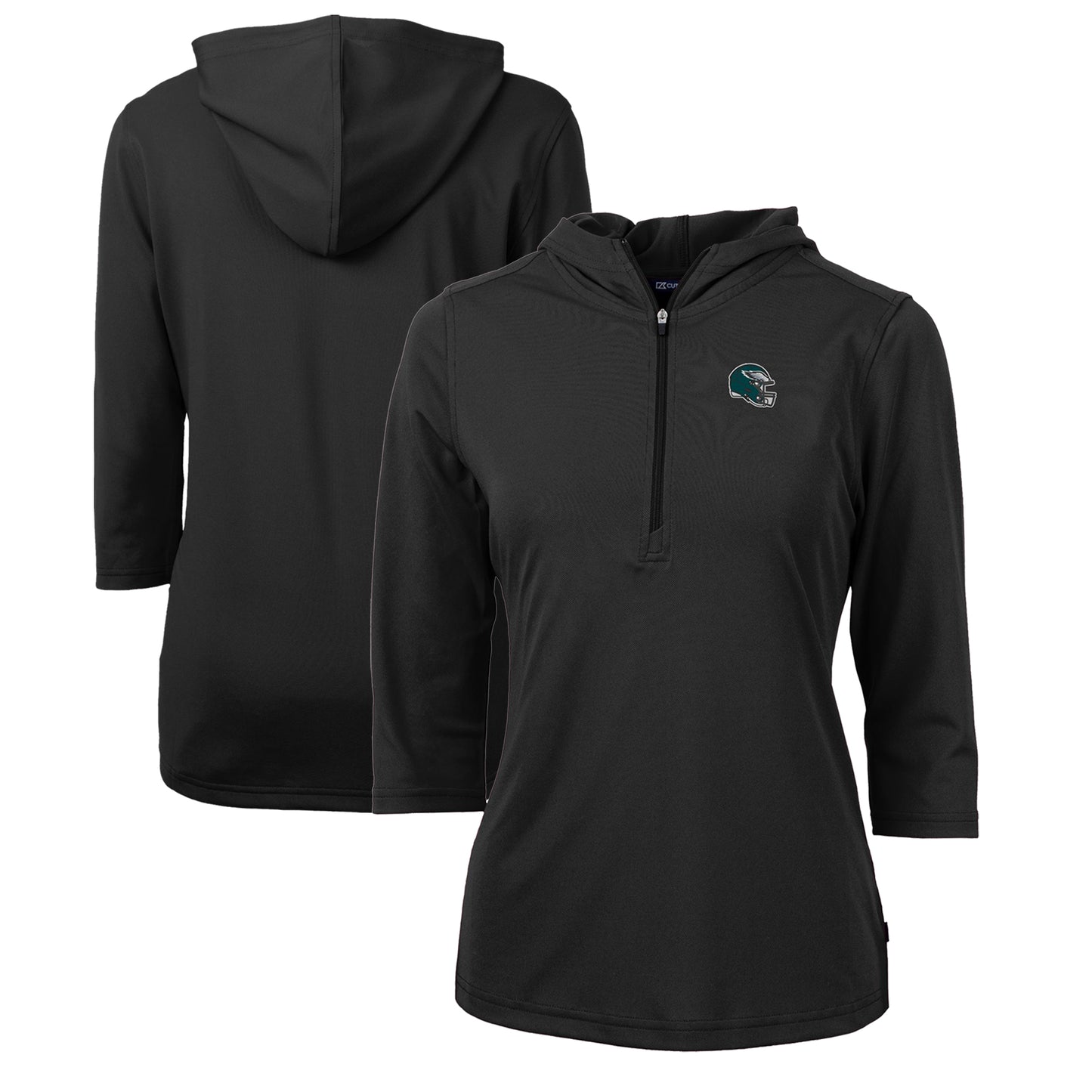 Women's Cutter & Buck Black Philadelphia Eagles Helmet Logo DryTec Virtue Eco Pique Recycled 3/4-Sleeve Half-Zip Pullover Hoodie