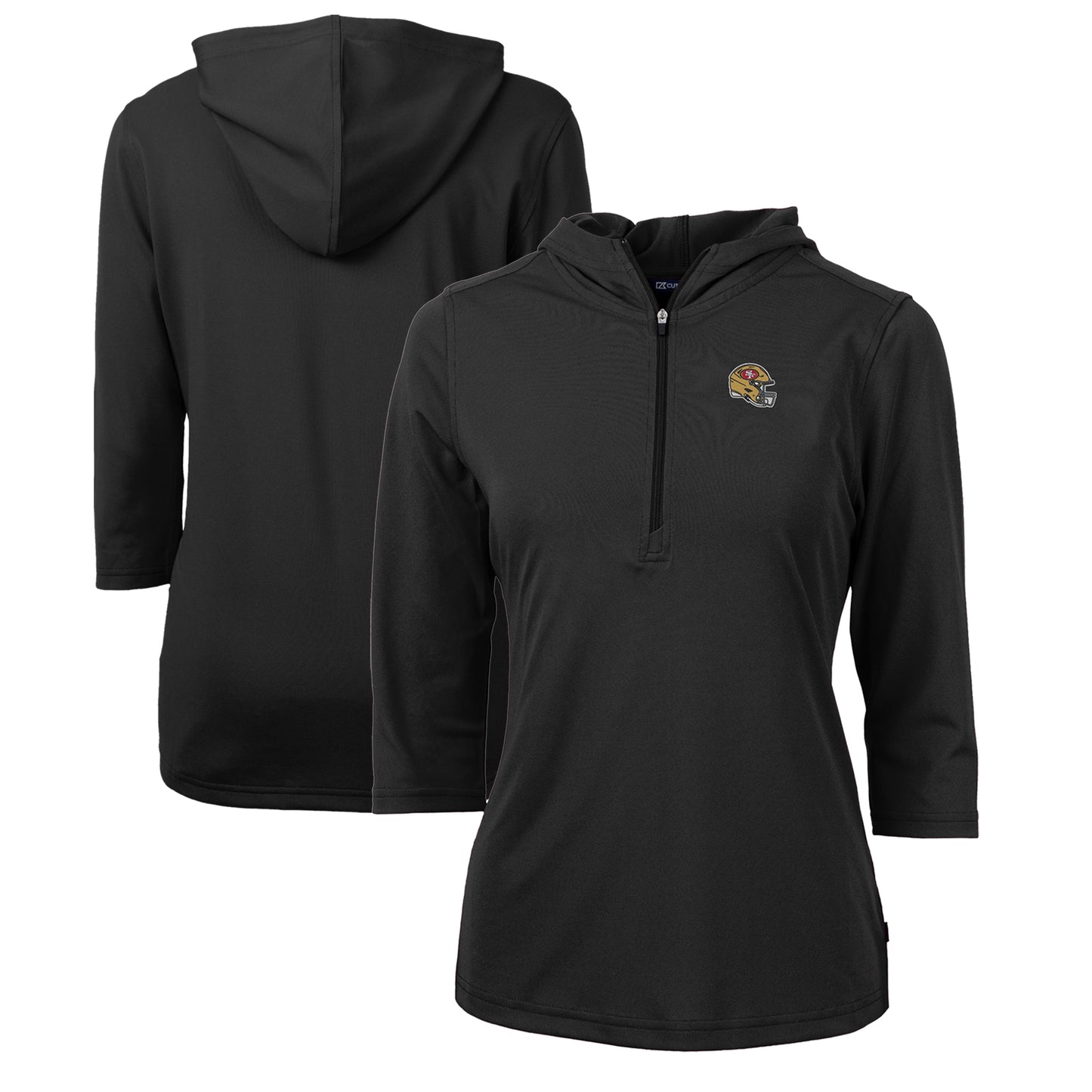 Women's Cutter & Buck Black San Francisco 49ers Helmet Logo DryTec Virtue Eco Pique Recycled 3/4-Sleeve Half-Zip Pullover Hoodie