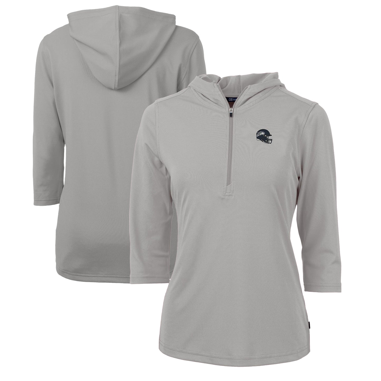 Women's Cutter & Buck Heather Gray Seattle Seahawks Helmet Logo DryTec Virtue Eco Pique Recycled 3/4-Sleeve Half-Zip Pullover Hoodie