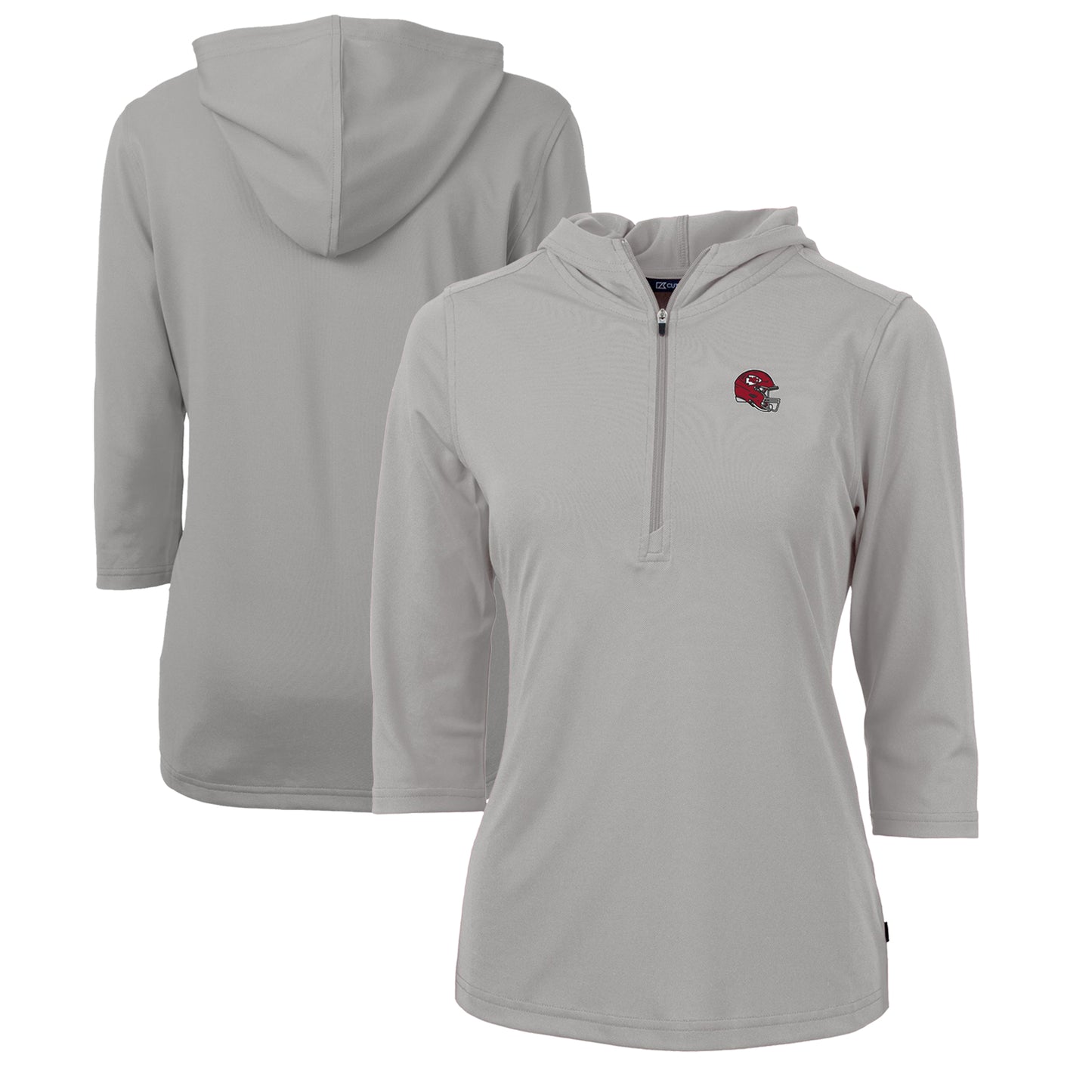 Women's Cutter & Buck Heather Gray Kansas City Chiefs Helmet Logo DryTec Virtue Eco Pique Recycled 3/4-Sleeve Half-Zip Pullover Hoodie