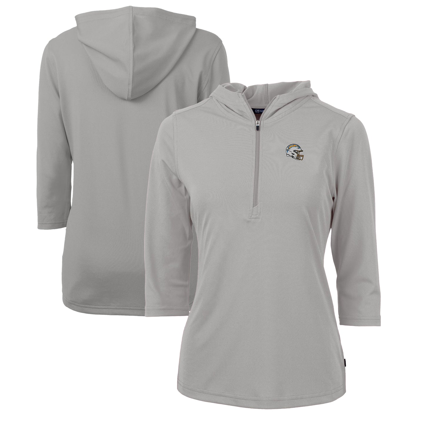 Women's Cutter & Buck Heather Gray Los Angeles Chargers Helmet Logo DryTec Virtue Eco Pique Recycled 3/4-Sleeve Half-Zip Pullover Hoodie