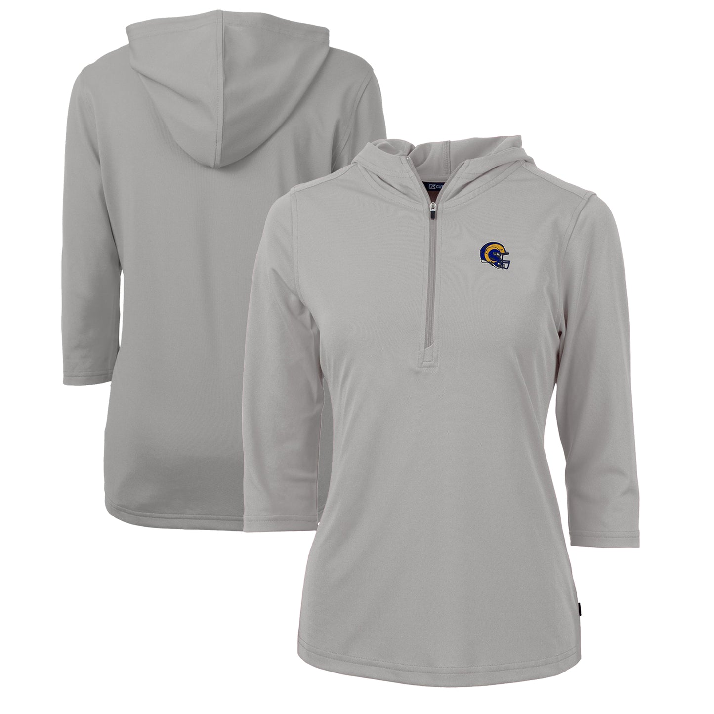 Women's Cutter & Buck Heather Gray Los Angeles Rams Helmet Logo DryTec Virtue Eco Pique Recycled 3/4-Sleeve Half-Zip Pullover Hoodie