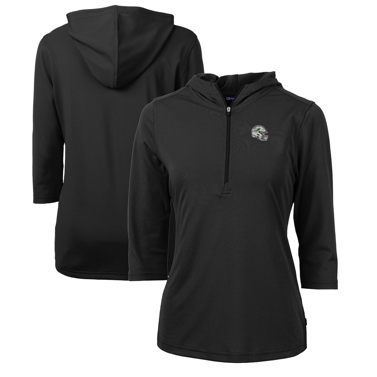 Women's Cutter & Buck Black Miami Dolphins Helmet Logo DryTec Virtue Eco Pique Recycled 3/4-Sleeve Half-Zip Pullover Hoodie