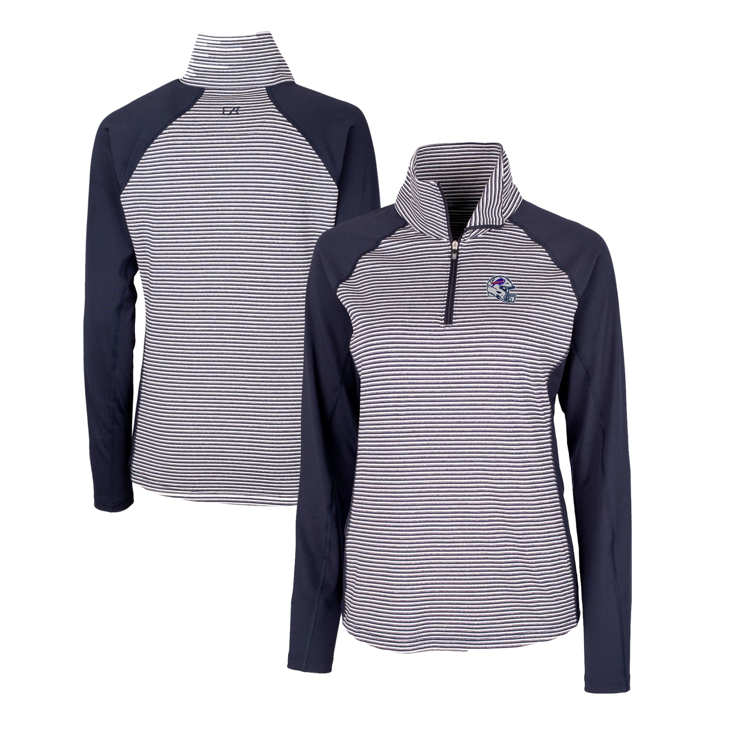 Women's Cutter & Buck Navy Buffalo Bills Helmet Logo DryTec Forge Tonal Stripe Stretch Half-Zip Top