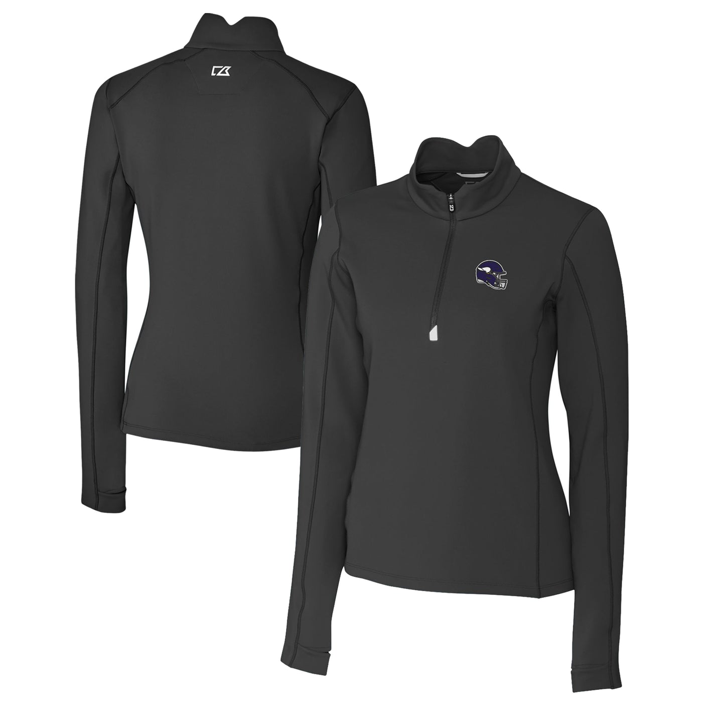 Women's Cutter & Buck Black Minnesota Vikings Helmet Logo DryTec Traverse Stretch Quarter-Zip Pullover Top