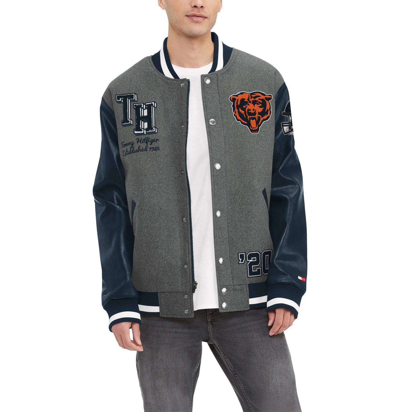 Men's Tommy Hilfiger Heather Gray/Navy Chicago Bears Gunner Full-Zip Varsity Jacket