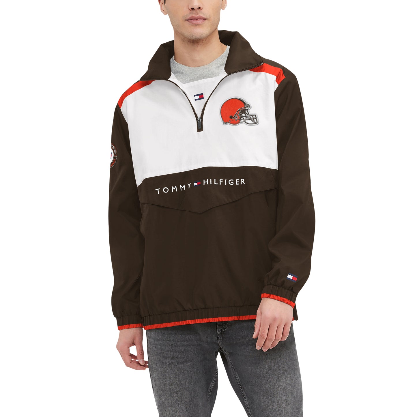 Men's Tommy Hilfiger Brown/White Cleveland Browns Carter Half-Zip Hooded Top