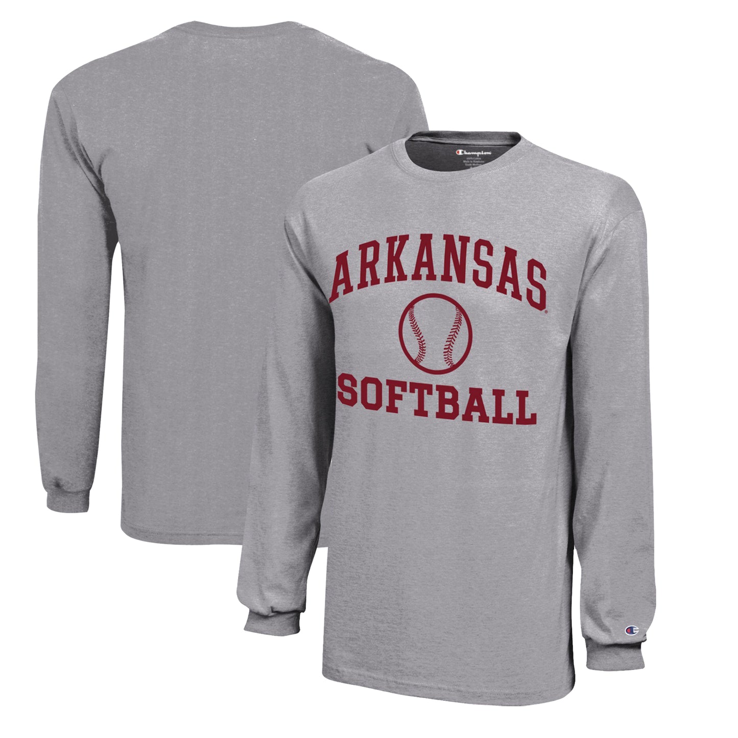 Youth Champion Gray Arkansas Razorbacks Icon Logo Long Sleeve Softball T-Shirt