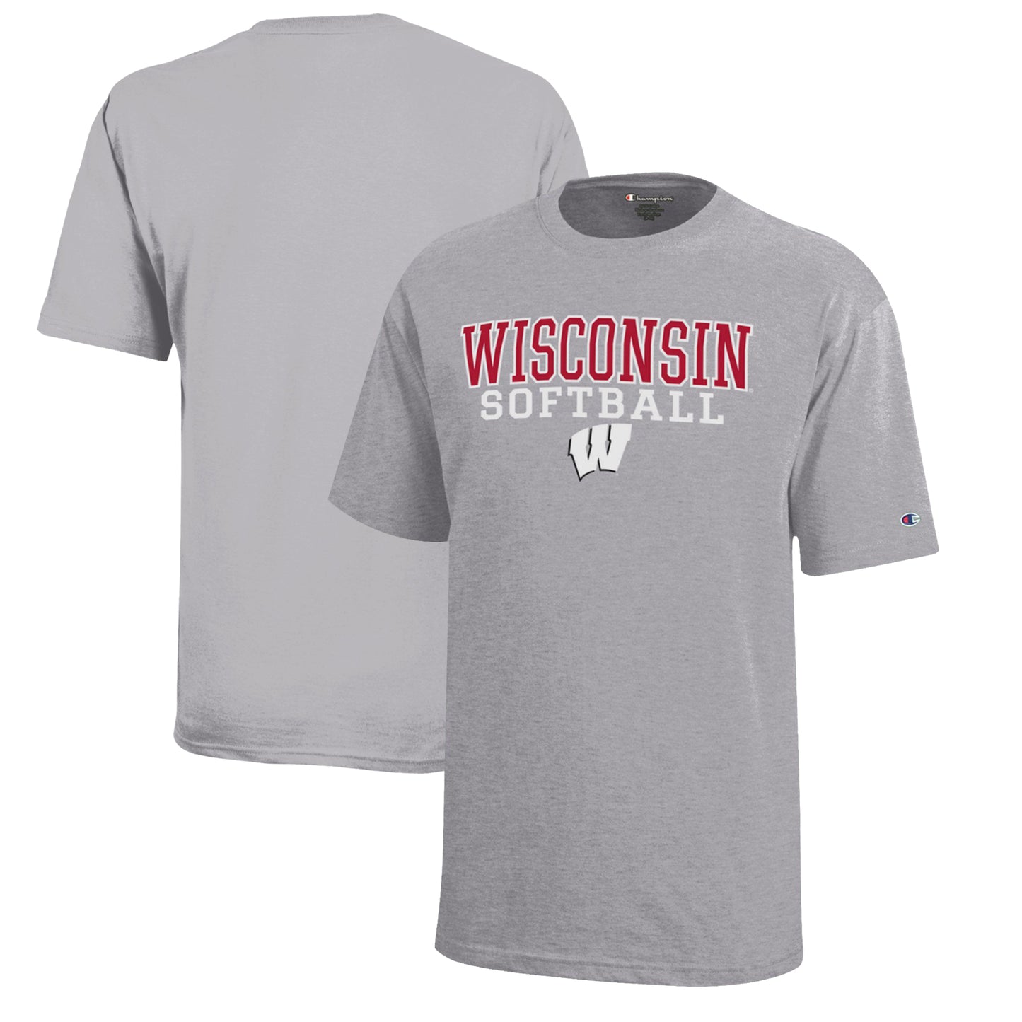 Youth Champion Gray Wisconsin Badgers Stacked Logo Softball T-Shirt