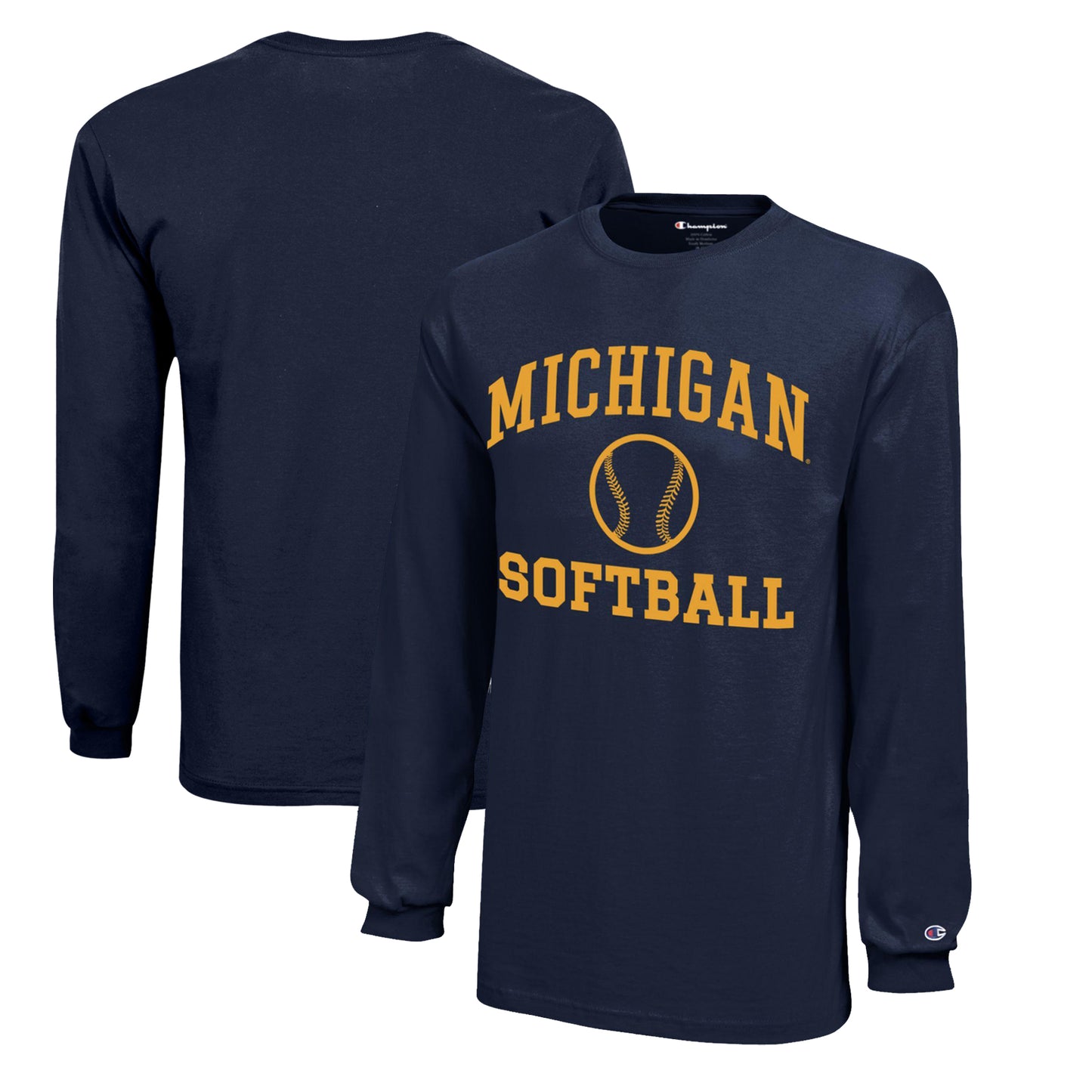 Youth Champion Navy Michigan Wolverines Icon Logo Long Sleeve Softball T-Shirt