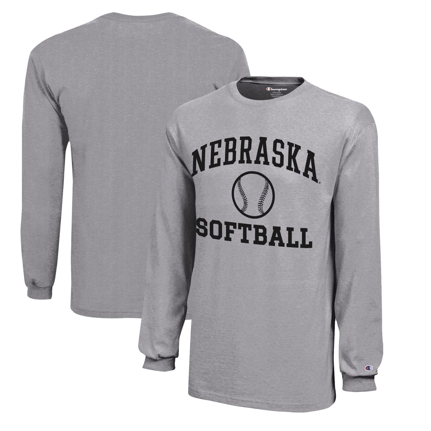 Youth Champion Gray Nebraska Huskers Icon Logo Long Sleeve Softball T-Shirt