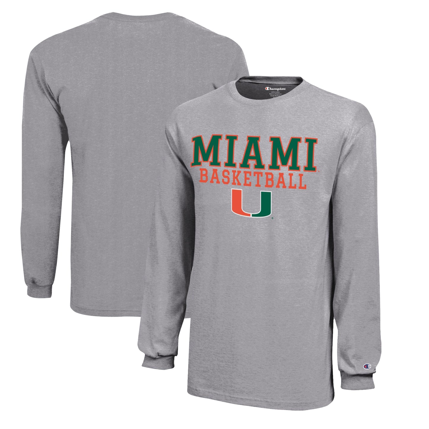 Youth Champion Gray Miami Hurricanes Stacked Logo Long Sleeve Basketball T-Shirt