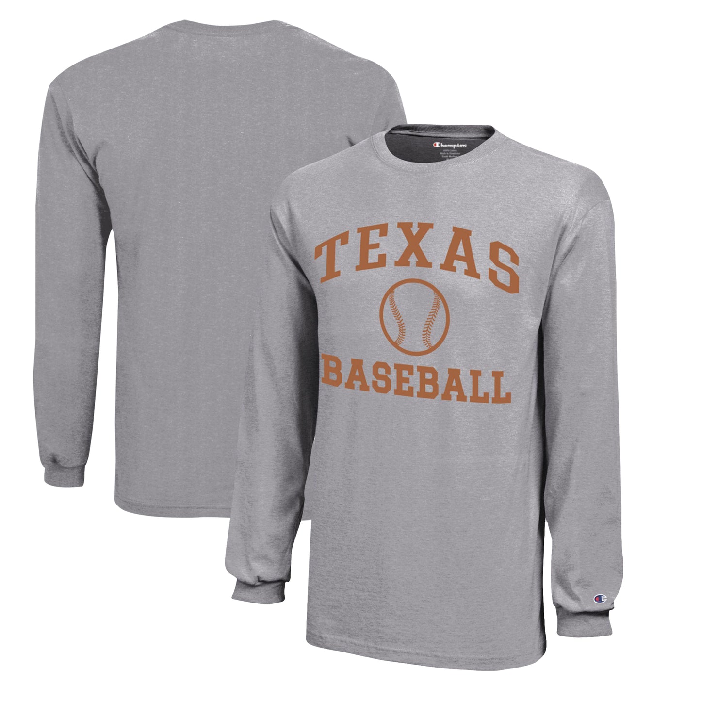 Youth Champion Gray Texas Longhorns Icon Logo Long Sleeve Baseball T-Shirt