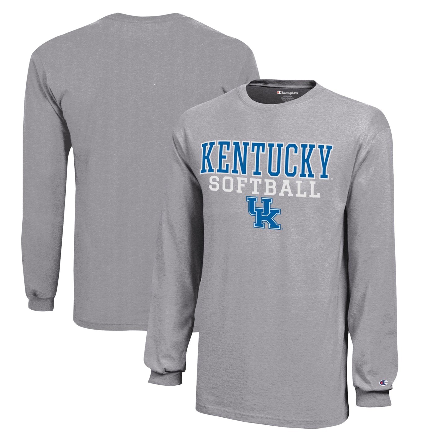 Youth Champion Gray Kentucky Wildcats Stacked Logo Long Sleeve Softball T-Shirt