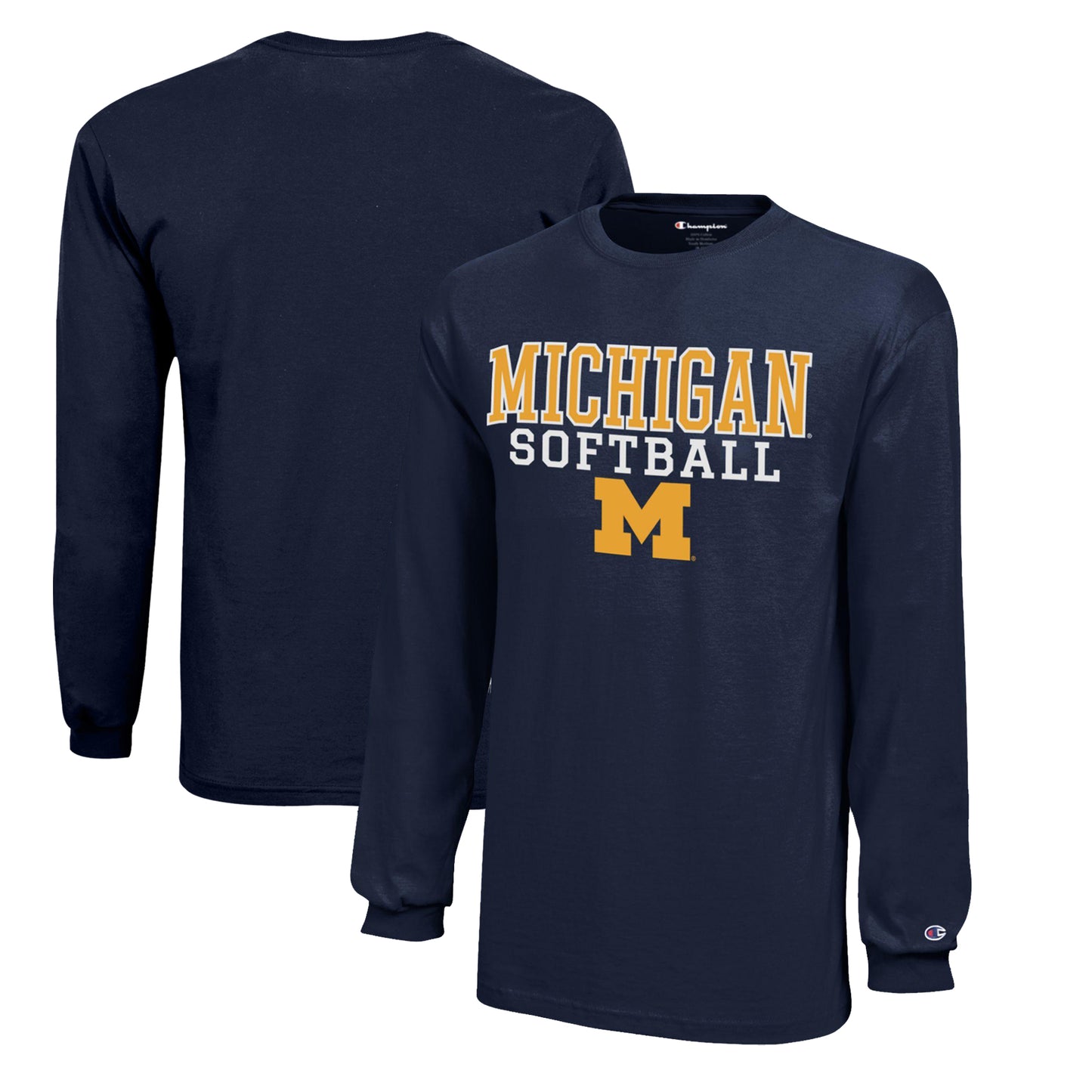 Youth Champion Navy Michigan Wolverines Stacked Logo Long Sleeve Softball T-Shirt