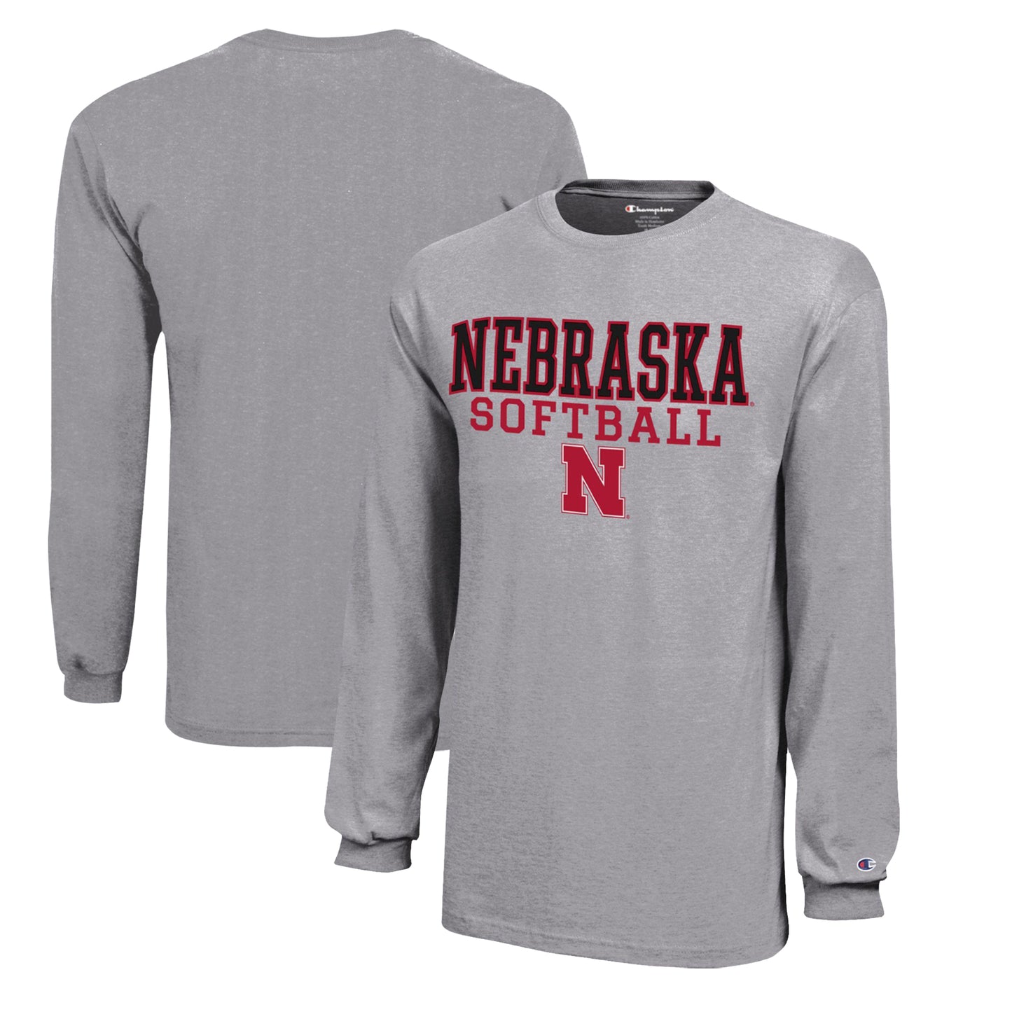 Youth Champion Gray Nebraska Huskers Stacked Logo Long Sleeve Softball T-Shirt
