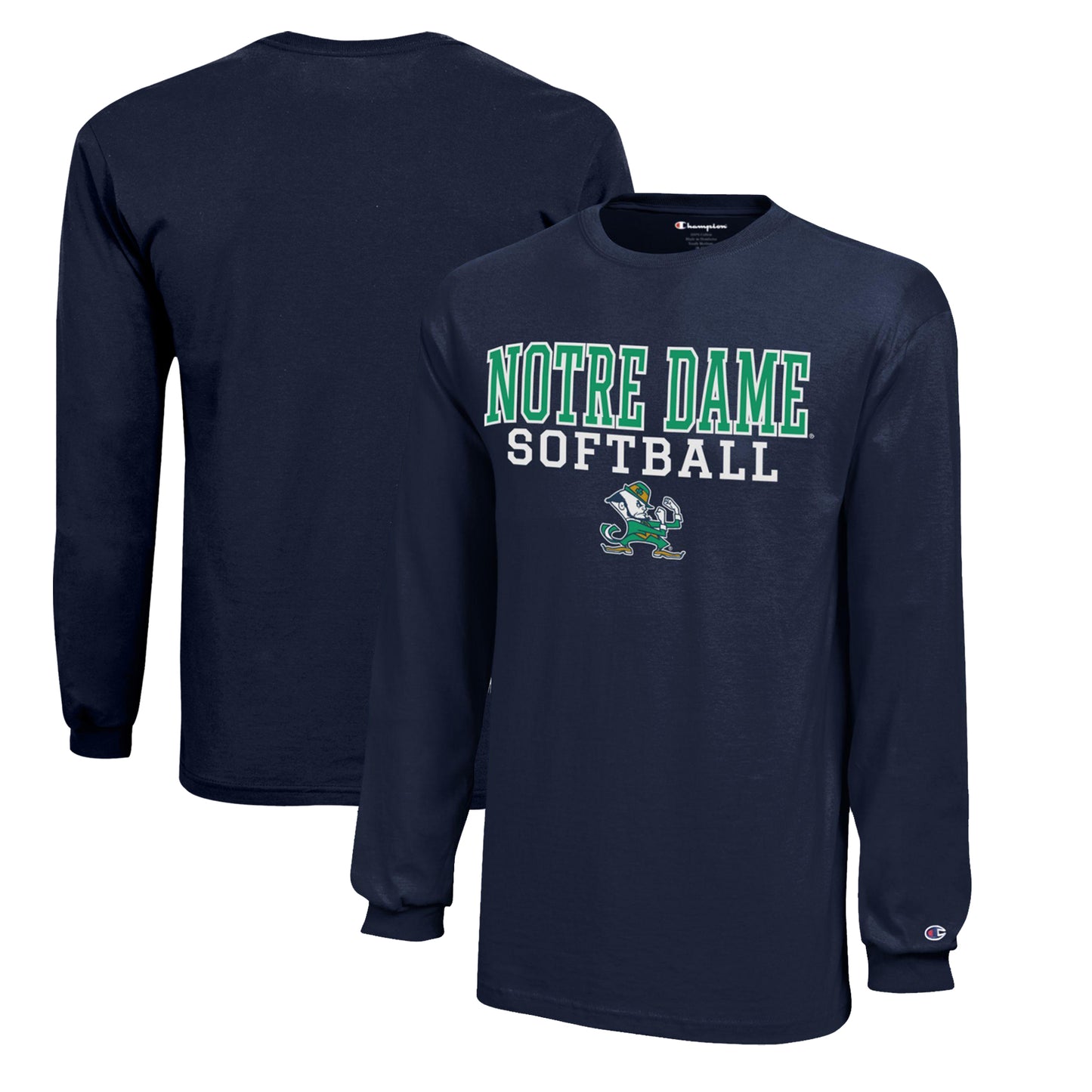 Youth Champion Navy Notre Dame Fighting Irish Stacked Logo Long Sleeve Softball T-Shirt