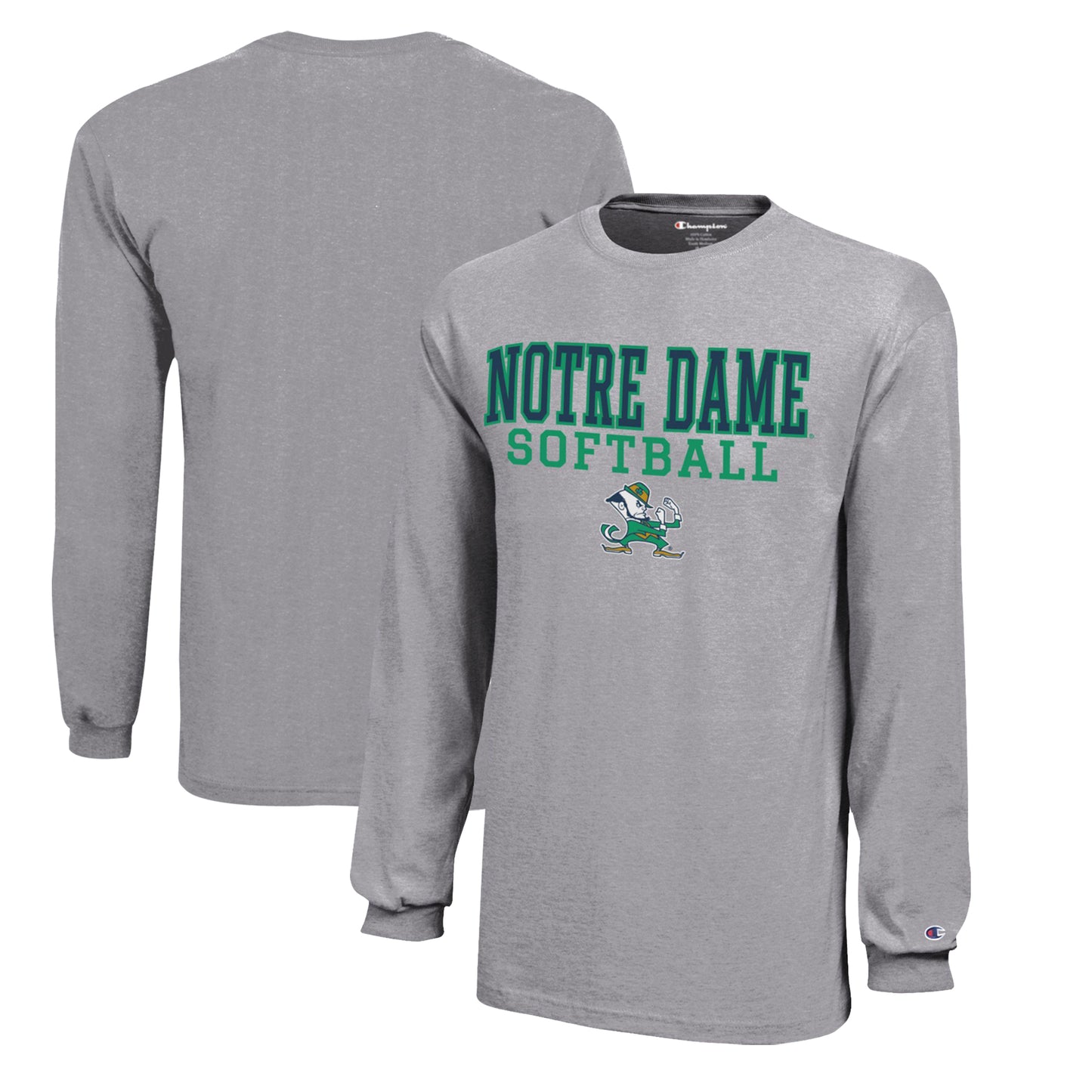Youth Champion Gray Notre Dame Fighting Irish Stacked Logo Long Sleeve Softball T-Shirt
